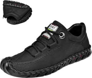 Men's Vintage Leather Casual Shoes,Summer Comfort Hand-Stitching Lace-Up Non-Slip Softsole Outdoor Travel Flats Loafers