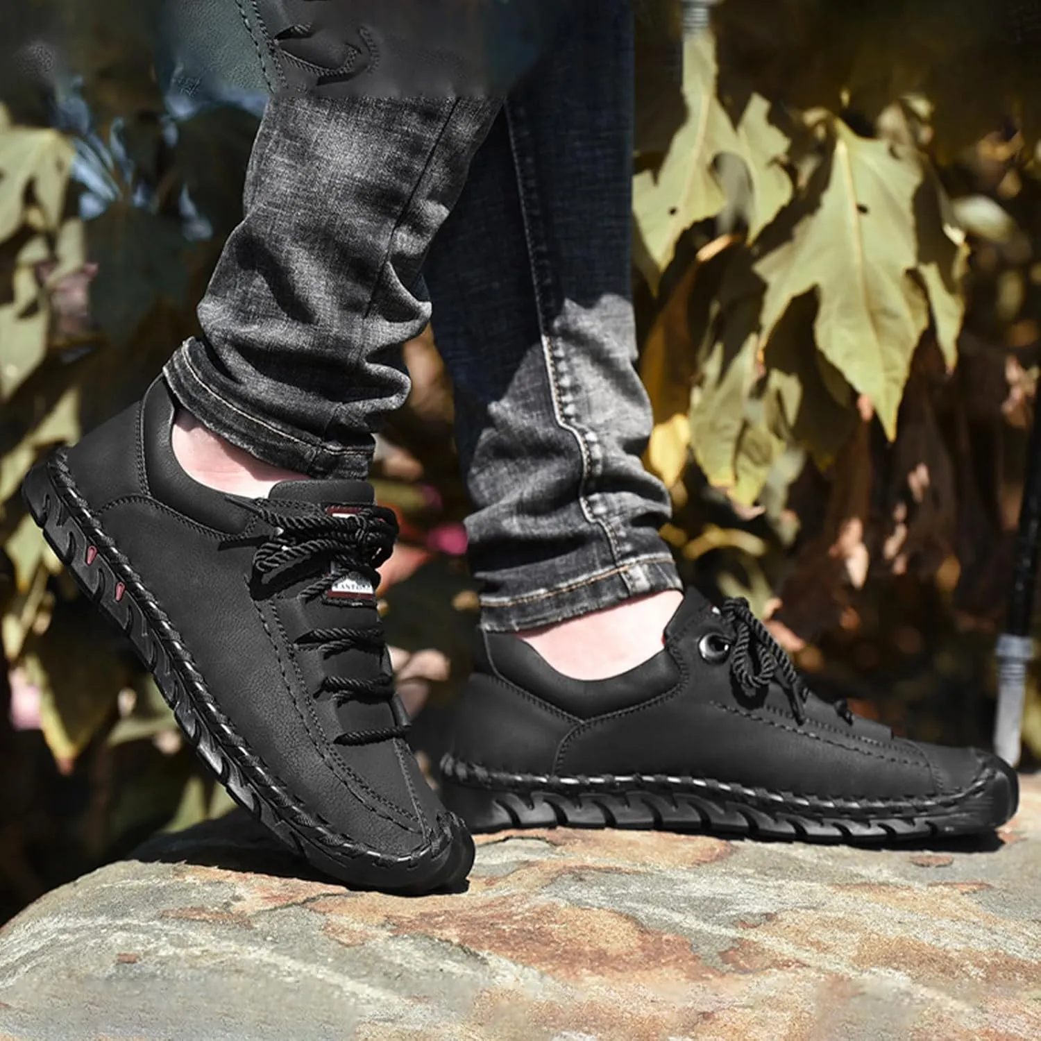 Men's Vintage Leather Casual Shoes,Summer Comfort Hand-Stitching Lace-Up Non-Slip Softsole Outdoor Travel Flats Loafers