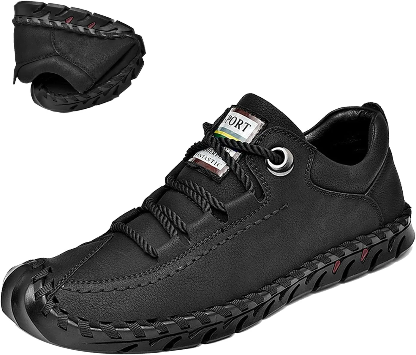 Men's Vintage Leather Casual Shoes,Summer Comfort Hand-Stitching Lace-Up Non-Slip Softsole Outdoor Travel Flats Loafers