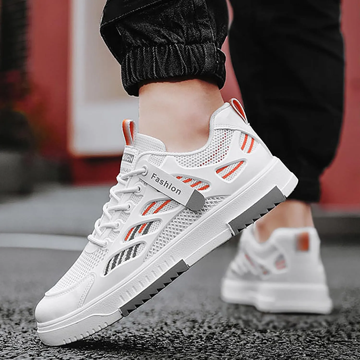Men's Walking Shoes with Adjustable Strap Non Slip Comfortable Thick Shoes for Men Breathable Mesh Summer Spring Sports Sneaker for Outdoor Workout Gym Running White Footwear Male