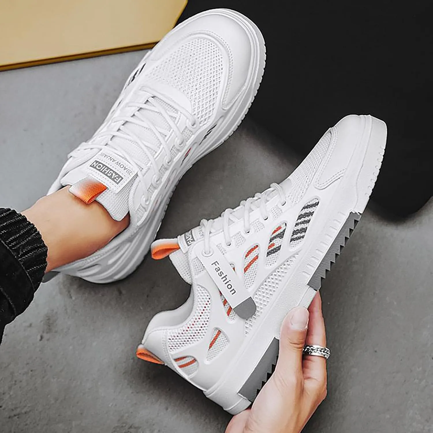 Men's Walking Shoes with Adjustable Strap Non Slip Comfortable Thick Shoes for Men Breathable Mesh Summer Spring Sports Sneaker for Outdoor Workout Gym Running White Footwear Male