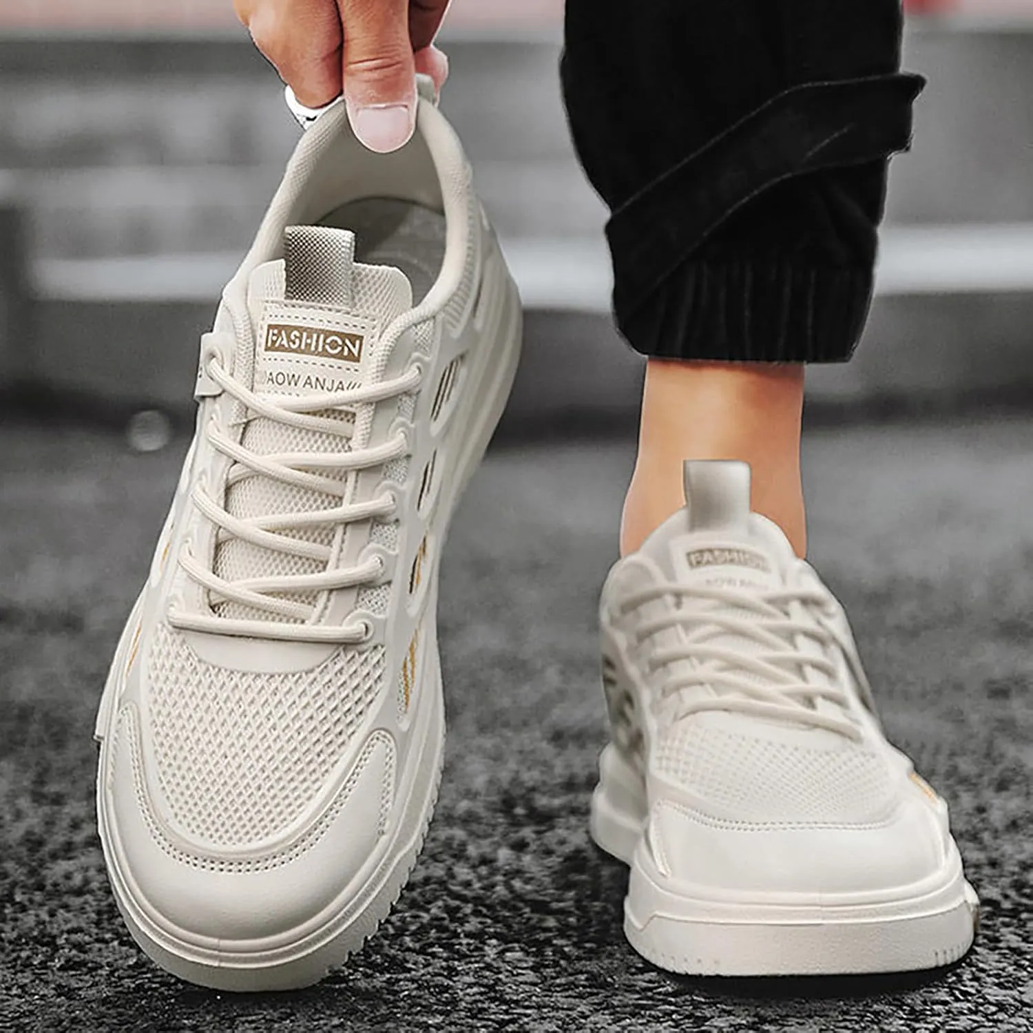 Men's Walking Shoes with Adjustable Strap Non Slip Comfortable Thick Shoes for Men Breathable Mesh Summer Spring Sports Sneaker for Outdoor Workout Gym Running White Footwear Male