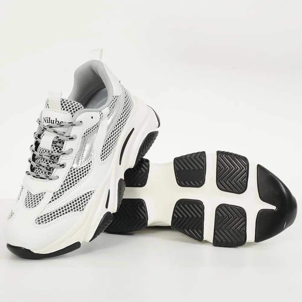 Niluber Women's Chunky Platform Sneakers-Slip On Breathable Running Shoes-Lightweight Glitter Rhinestone White Black Walking Shoes