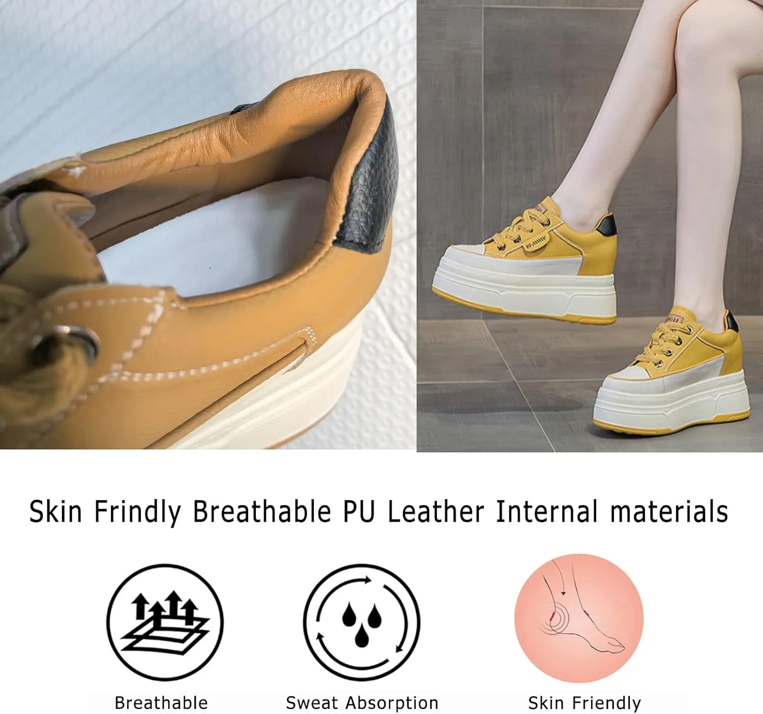 Platform Sneakers for Women - 6cm Heel & 3cm Inner Lift, Comfortable Cushioned Arch Support, Non-Slip Casual Walking Shoes, Microfiber Leather Platform Shoes