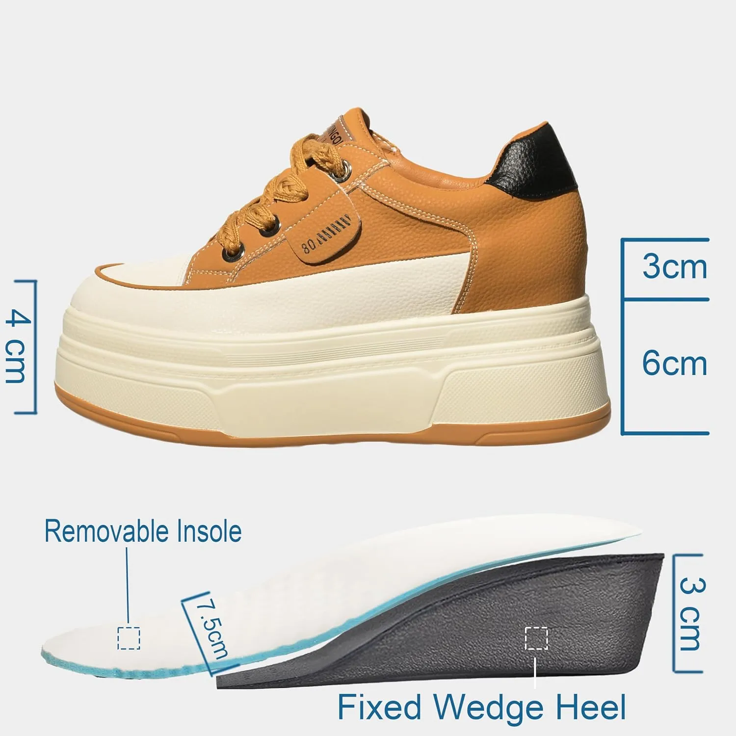 Platform Sneakers for Women - 6cm Heel & 3cm Inner Lift, Comfortable Cushioned Arch Support, Non-Slip Casual Walking Shoes, Microfiber Leather Platform Shoes