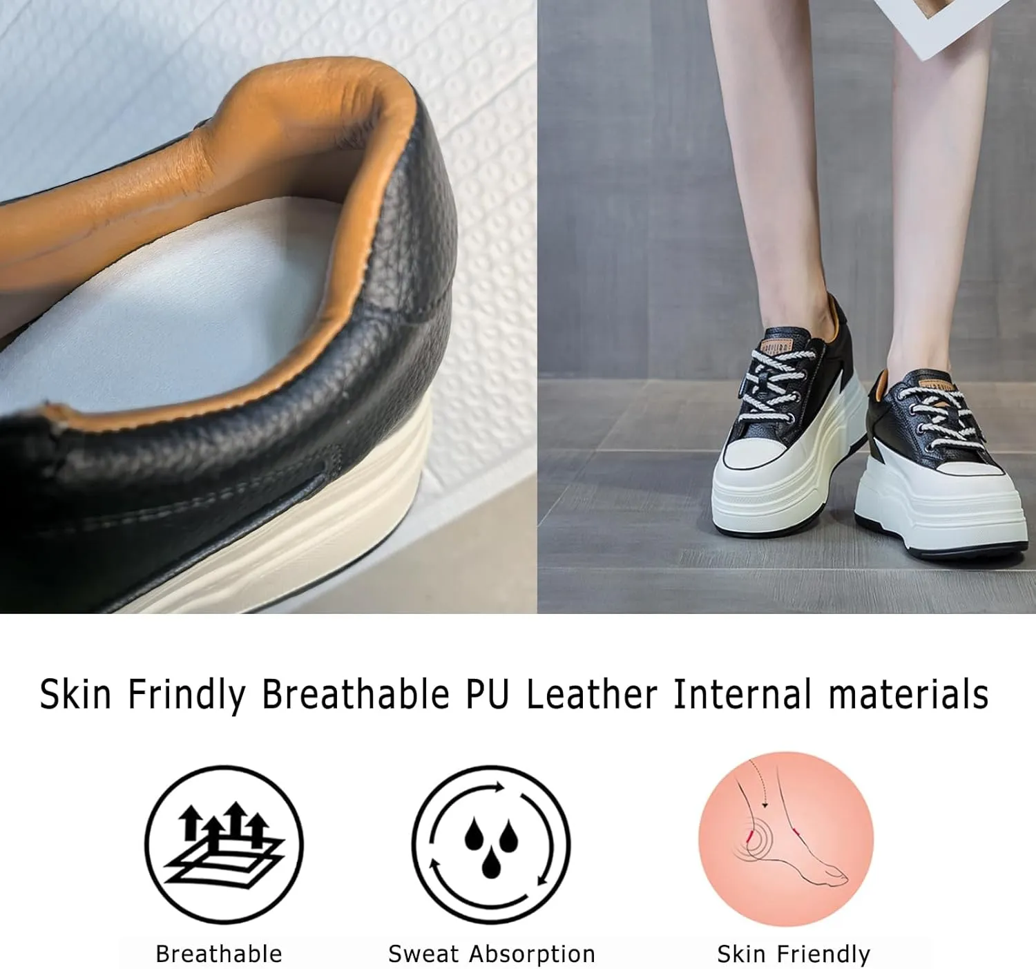Platform Sneakers for Women - 6cm Heel & 3cm Inner Lift, Comfortable Cushioned Arch Support, Non-Slip Casual Walking Shoes, Microfiber Leather Platform Shoes