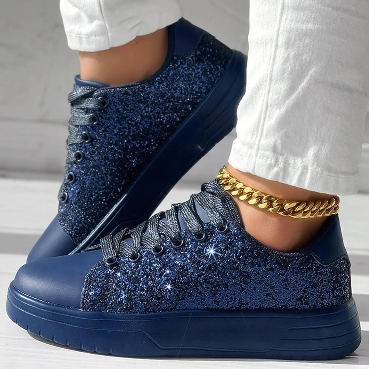 Rhinestone Sneakers for Women Women's Glitter Sneakers Shiny Sequin Tennis Rhinestone Bling Lace Up Shoes Fashion Sneakers