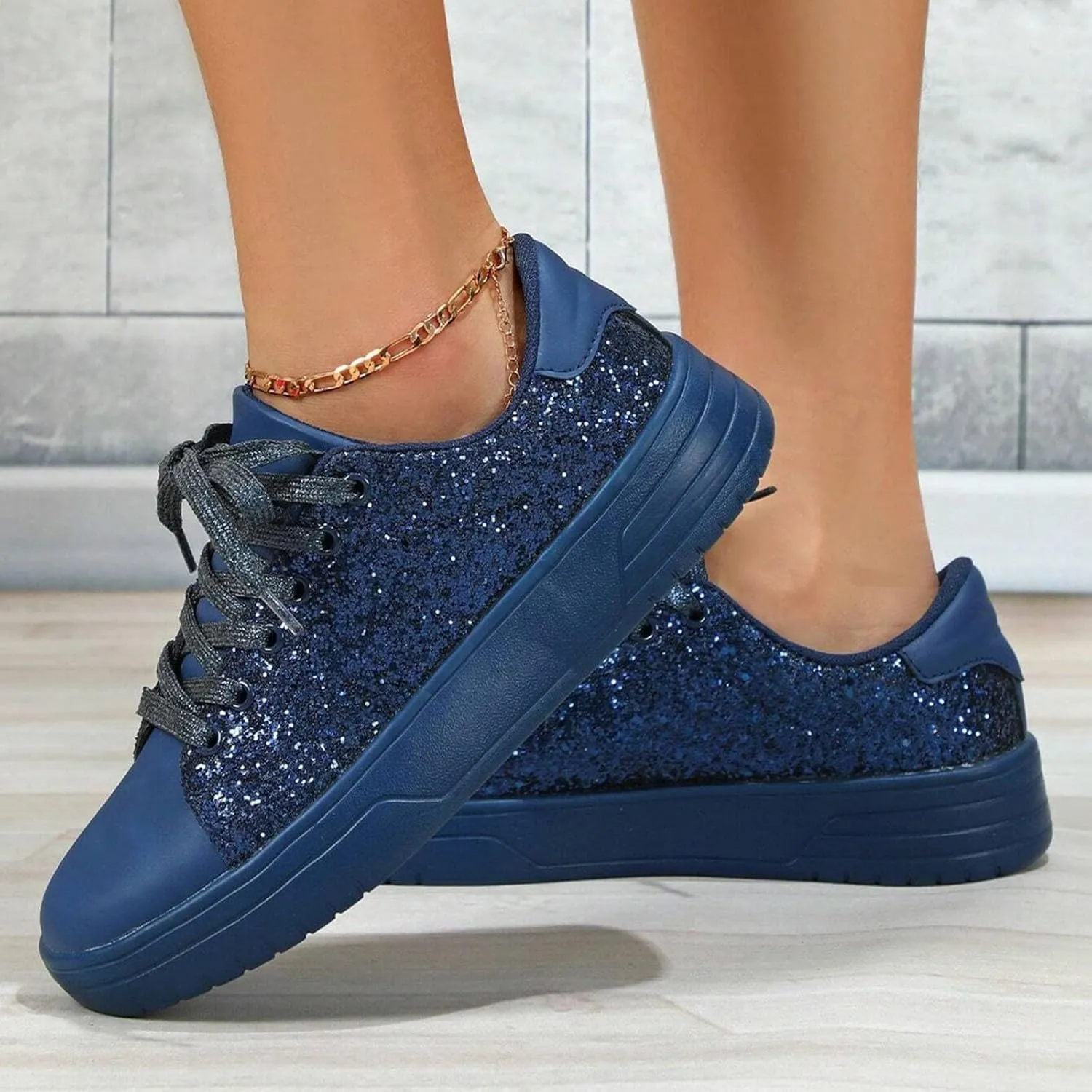 Rhinestone Sneakers for Women Women's Glitter Sneakers Shiny Sequin Tennis Rhinestone Bling Lace Up Shoes Fashion Sneakers