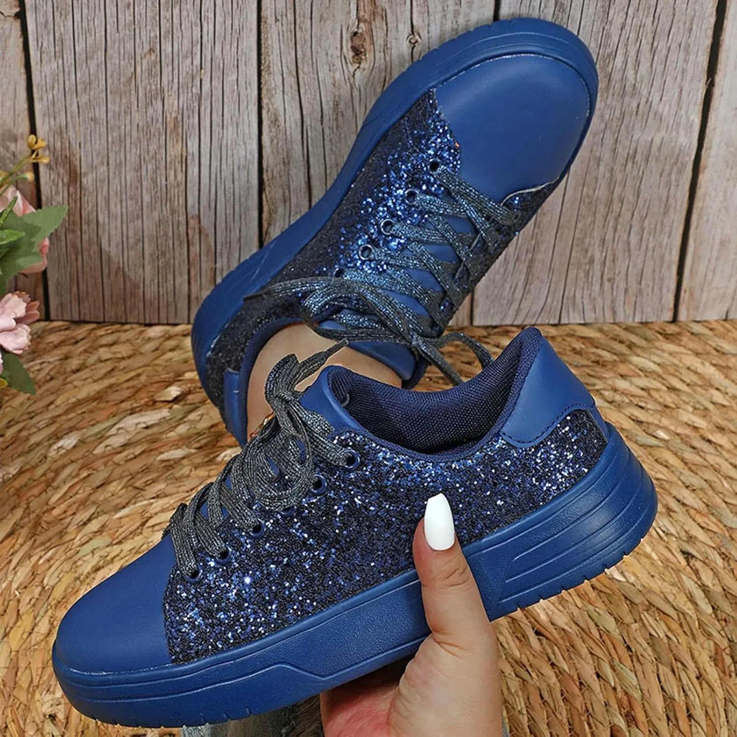 Rhinestone Sneakers for Women Women's Glitter Sneakers Shiny Sequin Tennis Rhinestone Bling Lace Up Shoes Fashion Sneakers