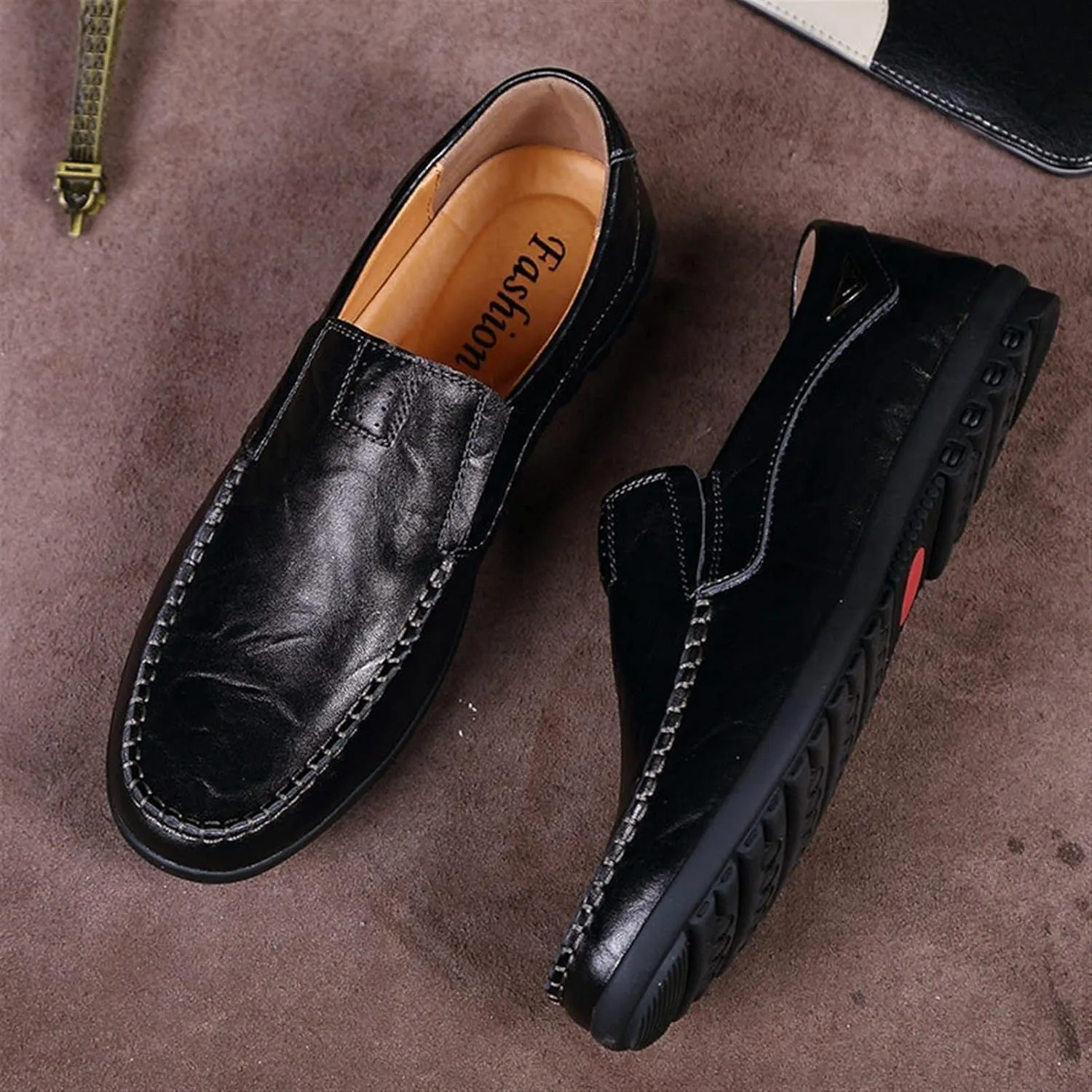 Smoking Loafer Driving Moccasins for Men Genuine Leather Stitching Details Breathable Flat Heel Anti-Slip Flexible Lightweight Casual Slip on for Any Attire