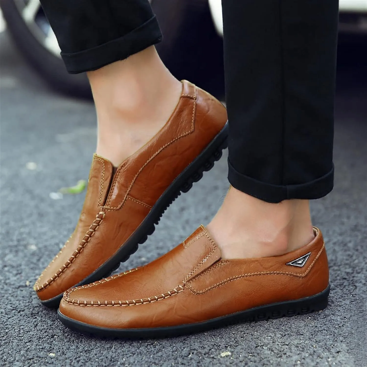 Smoking Loafer Driving Moccasins for Men Genuine Leather Stitching Details Breathable Flat Heel Anti-Slip Flexible Lightweight Casual Slip on for Any Attire