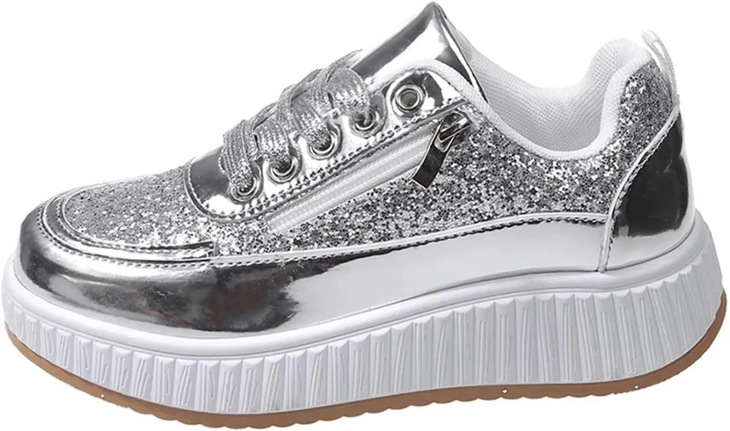 Sparkly Women's Platform Sneakers Fashionable Glossy Lace Up Zipper Round Toe Flat Jogging Tennis Casual Shoes Cushioned Footbed Comfortable Walking Shoe for Gym Travel Daily Wear