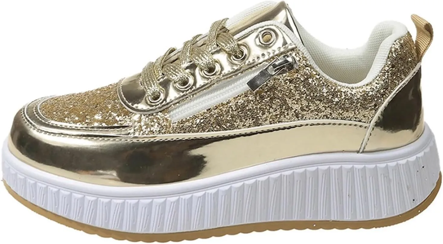Sparkly Women's Platform Sneakers Fashionable Glossy Lace Up Zipper Round Toe Flat Jogging Tennis Casual Shoes Cushioned Footbed Comfortable Walking Shoe for Gym Travel Daily Wear