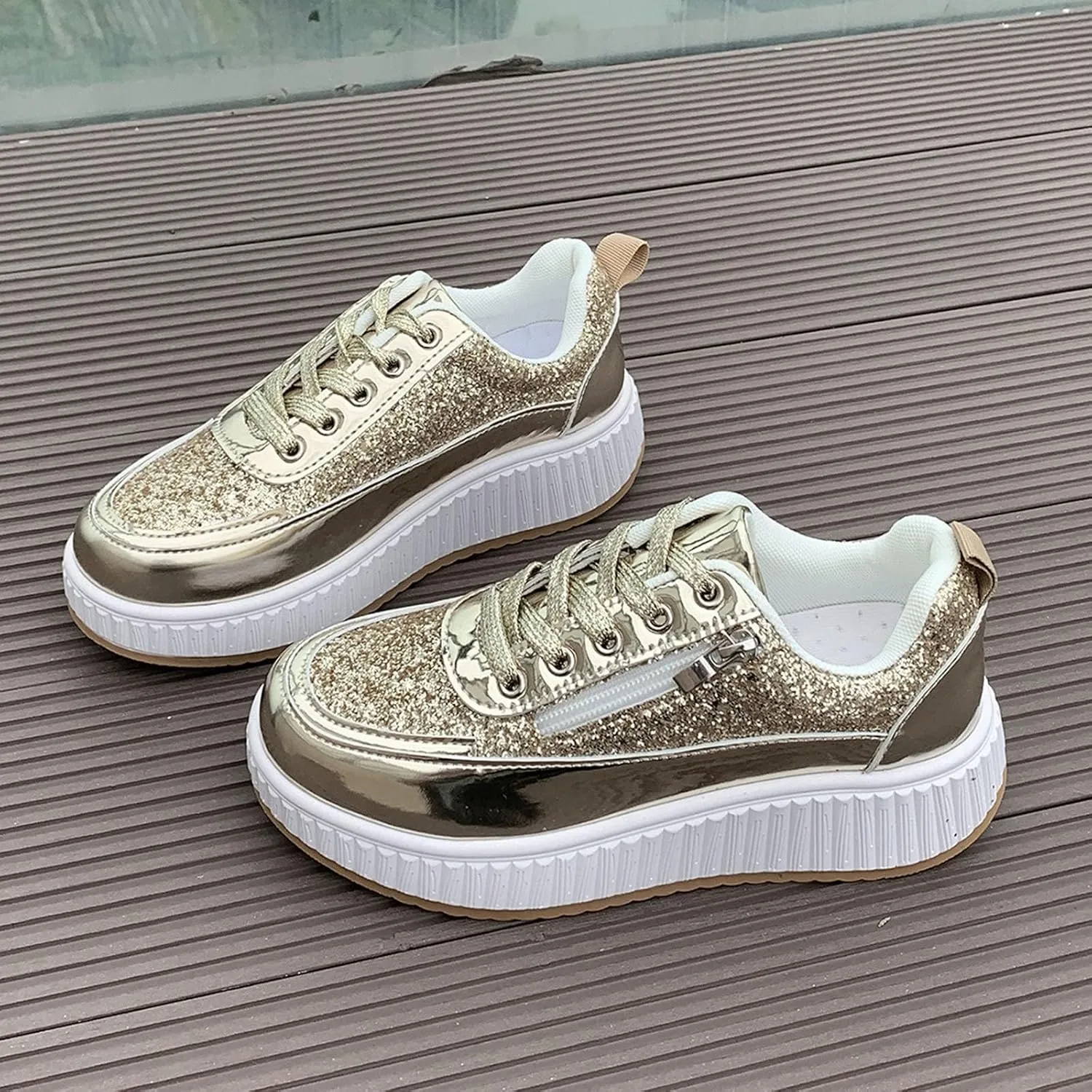 Sparkly Women's Platform Sneakers Fashionable Glossy Lace Up Zipper Round Toe Flat Jogging Tennis Casual Shoes Cushioned Footbed Comfortable Walking Shoe for Gym Travel Daily Wear