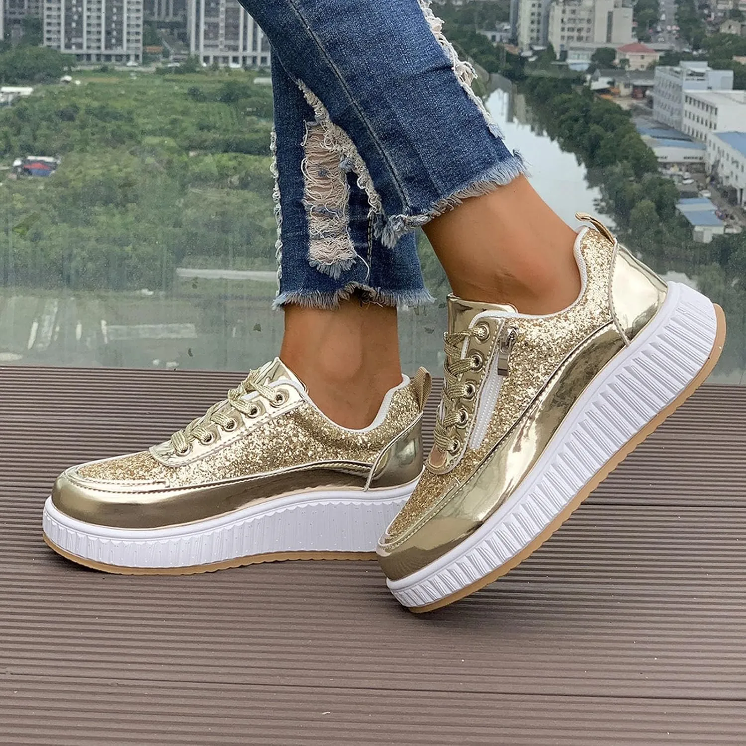Sparkly Women's Platform Sneakers Fashionable Glossy Lace Up Zipper Round Toe Flat Jogging Tennis Casual Shoes Cushioned Footbed Comfortable Walking Shoe for Gym Travel Daily Wear