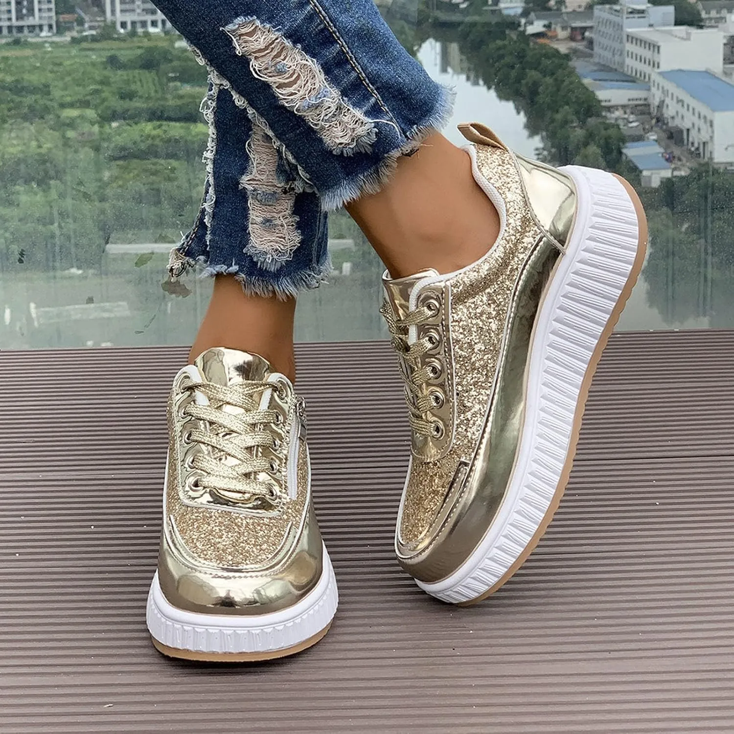 Sparkly Women's Platform Sneakers Fashionable Glossy Lace Up Zipper Round Toe Flat Jogging Tennis Casual Shoes Cushioned Footbed Comfortable Walking Shoe for Gym Travel Daily Wear