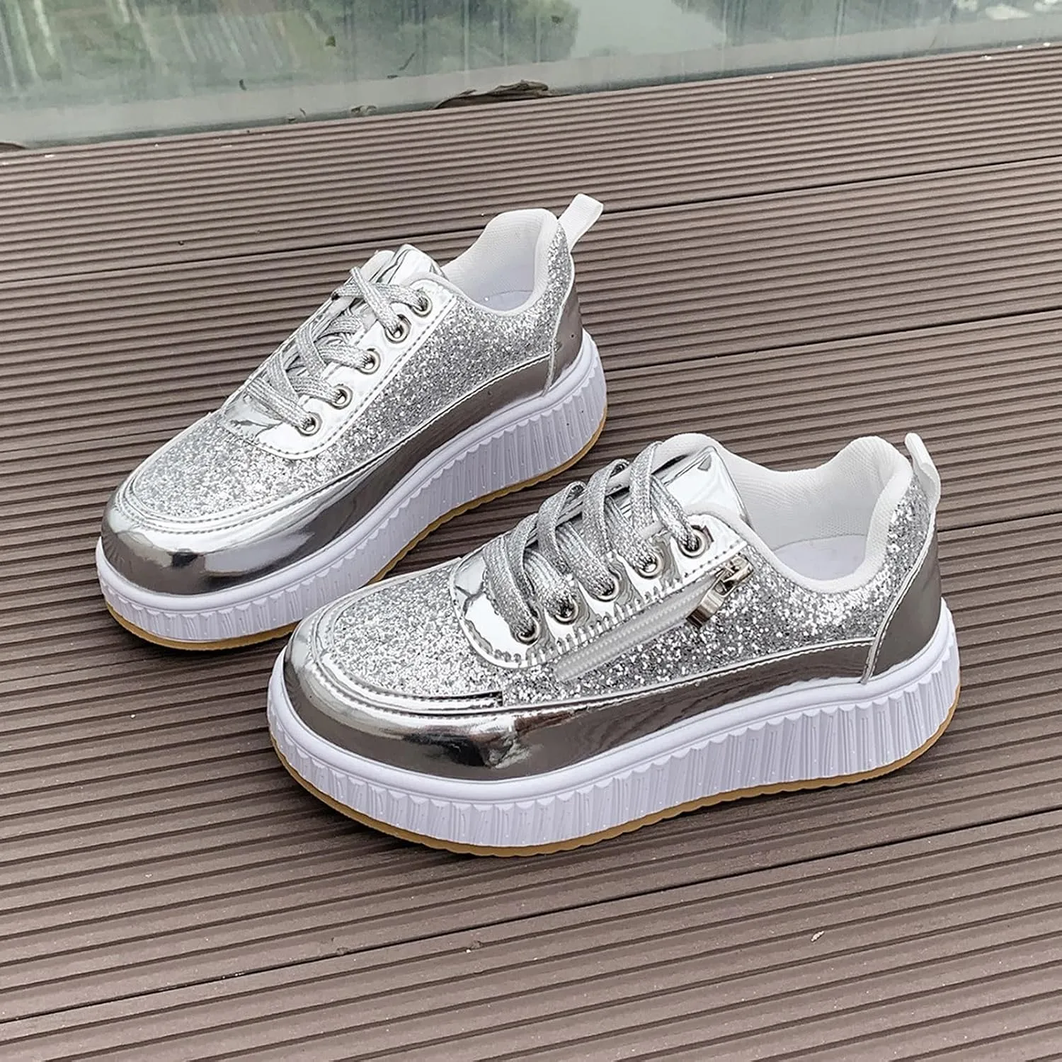 Sparkly Women's Platform Sneakers Fashionable Glossy Lace Up Zipper Round Toe Flat Jogging Tennis Casual Shoes Cushioned Footbed Comfortable Walking Shoe for Gym Travel Daily Wear