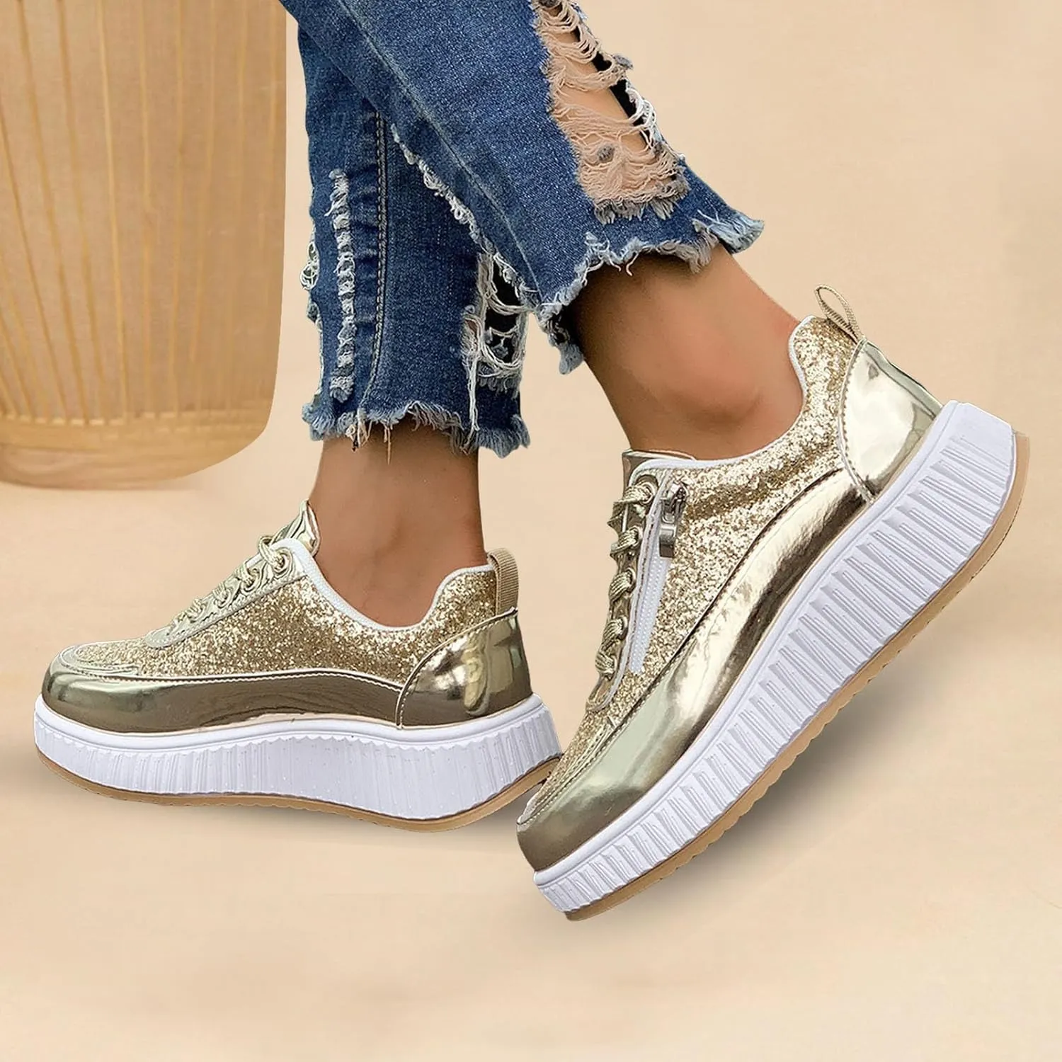 Sparkly Women's Platform Sneakers Fashionable Glossy Lace Up Zipper Round Toe Flat Jogging Tennis Casual Shoes Cushioned Footbed Comfortable Walking Shoe for Gym Travel Daily Wear