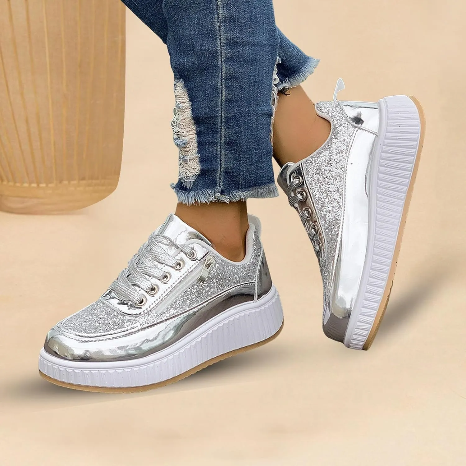 Sparkly Women's Platform Sneakers Fashionable Glossy Lace Up Zipper Round Toe Flat Jogging Tennis Casual Shoes Cushioned Footbed Comfortable Walking Shoe for Gym Travel Daily Wear