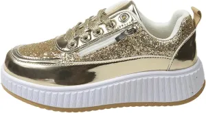 Sparkly Women's Platform Sneakers Fashionable Glossy Lace Up Zipper Round Toe Flat Jogging Tennis Casual Shoes Cushioned Footbed Comfortable Walking Shoe for Gym Travel Daily Wear