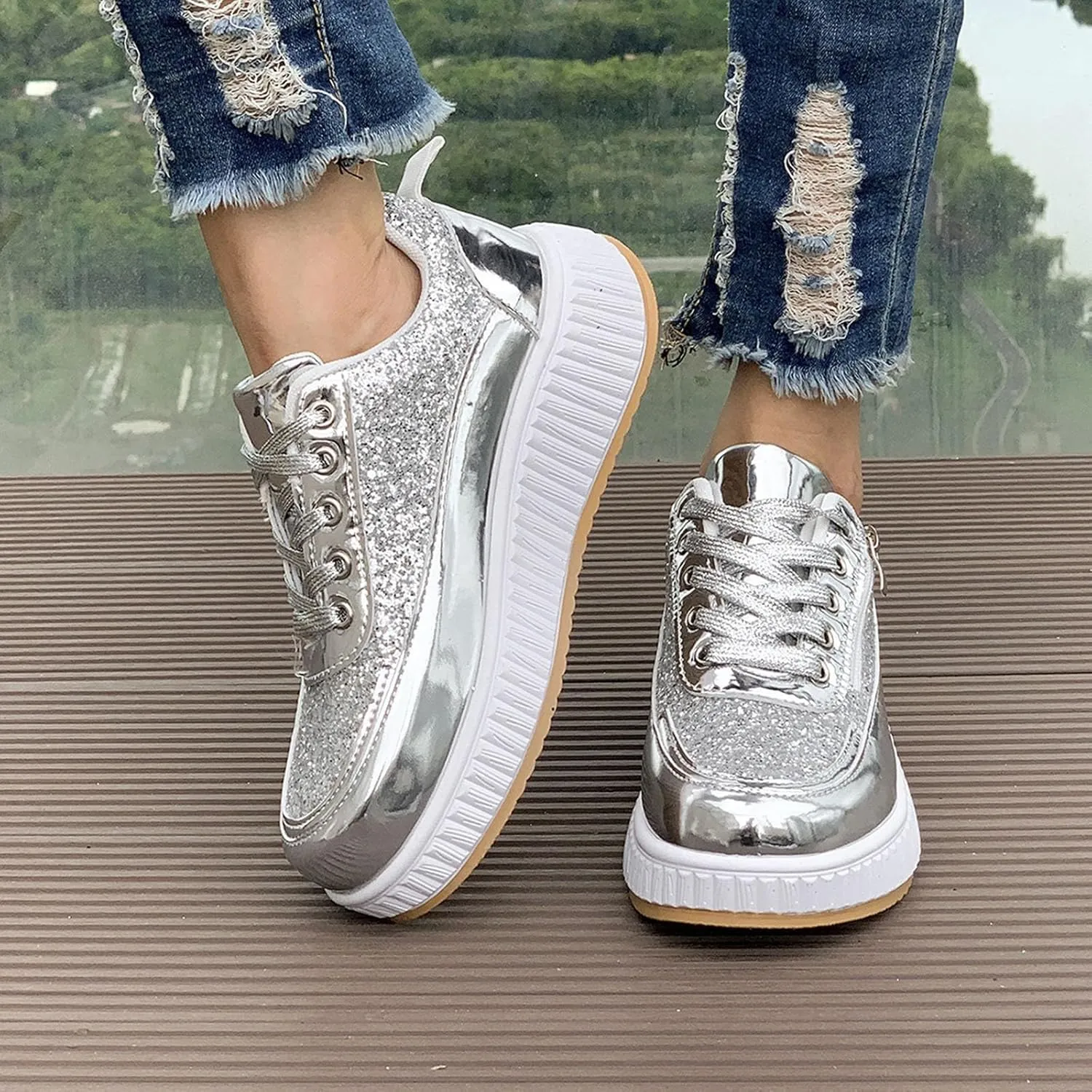 Sparkly Women's Platform Sneakers Fashionable Glossy Lace Up Zipper Round Toe Flat Jogging Tennis Casual Shoes Cushioned Footbed Comfortable Walking Shoe for Gym Travel Daily Wear