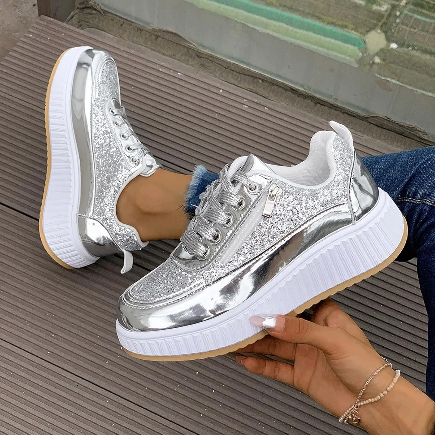 Sparkly Women's Platform Sneakers Fashionable Glossy Lace Up Zipper Round Toe Flat Jogging Tennis Casual Shoes Cushioned Footbed Comfortable Walking Shoe for Gym Travel Daily Wear