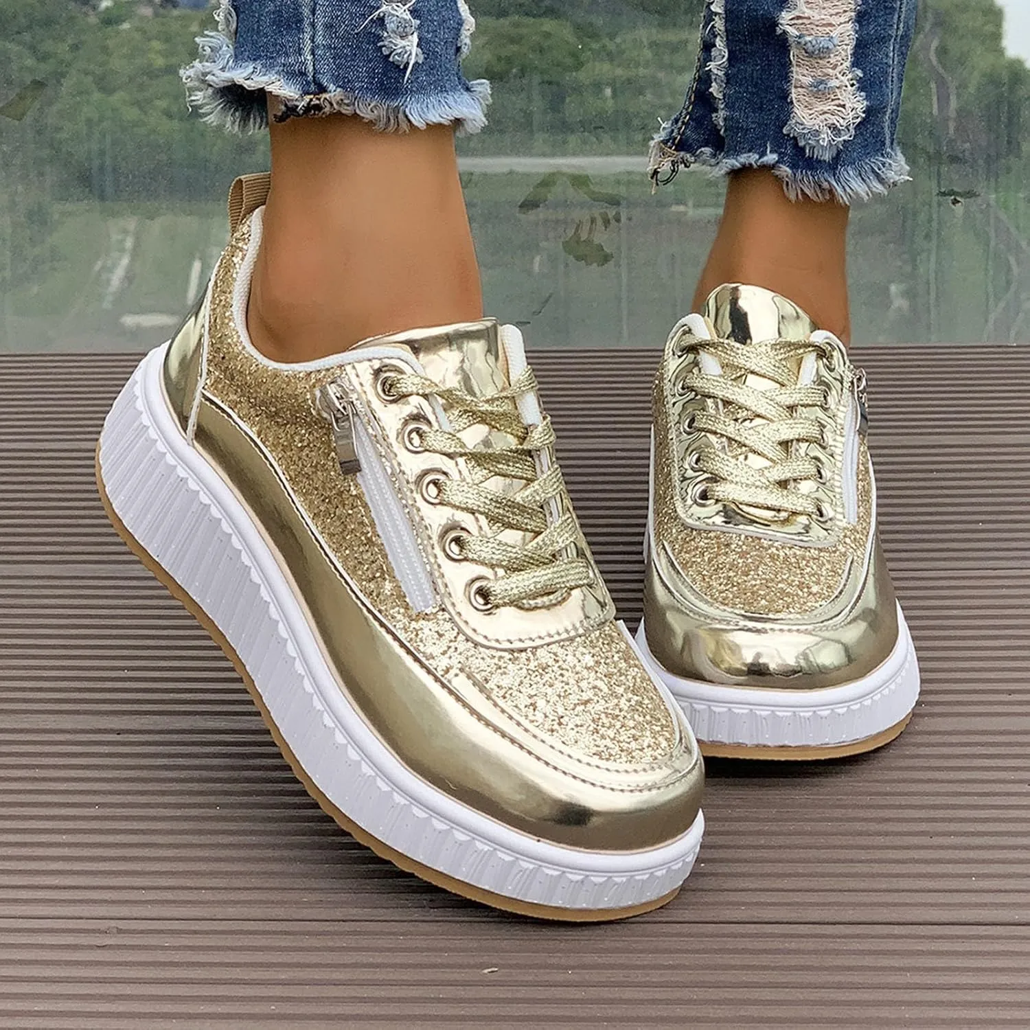 Sparkly Women's Platform Sneakers Fashionable Glossy Lace Up Zipper Round Toe Flat Jogging Tennis Casual Shoes Cushioned Footbed Comfortable Walking Shoe for Gym Travel Daily Wear