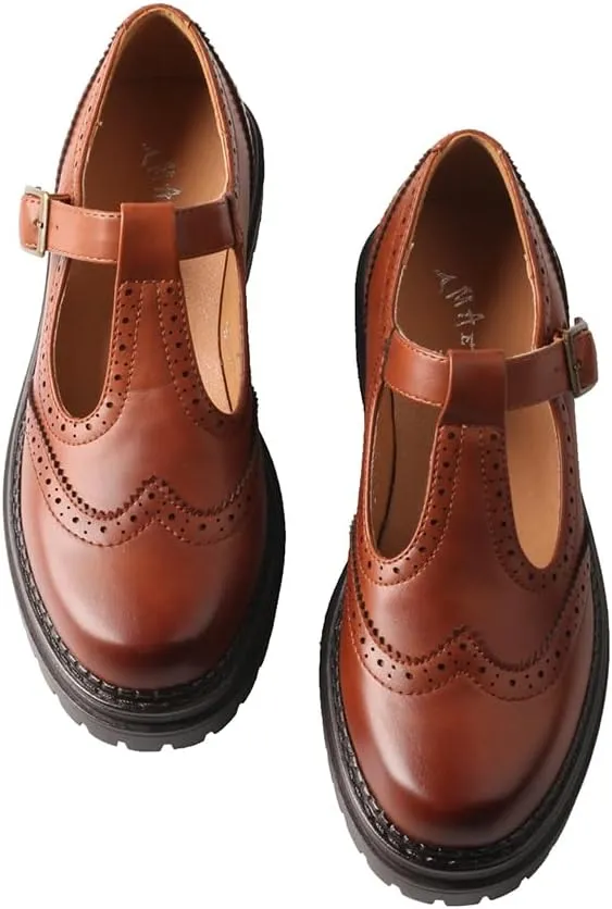 TMA EYES Women's Vintage T-Strap Platform Loafers Classic Fashion Comfortable Shoes