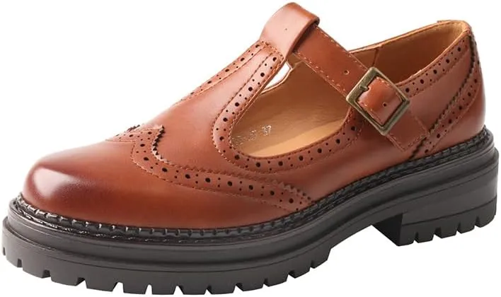 TMA EYES Women's Vintage T-Strap Platform Loafers Classic Fashion Comfortable Shoes