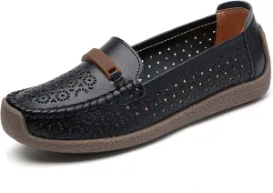 Veroders Leather Loafers Classic Flats Loafer Shoes for Women Breathable Lightweight Flexible School Casual