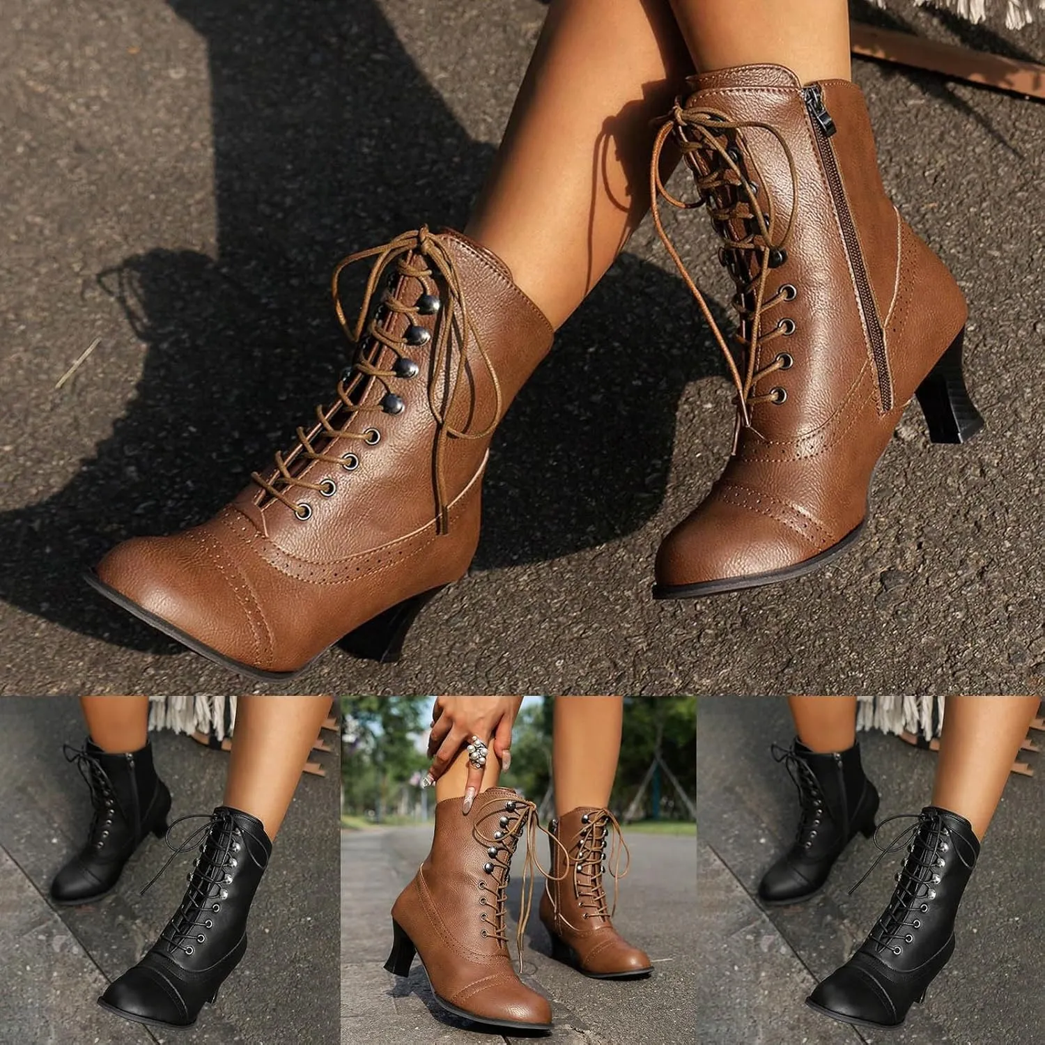 Womens Booties,Women's Ankle Boots Mid Calf Boots Chunky Heel Lace Up Western Booties Winter Zipper Motorcycle Boots