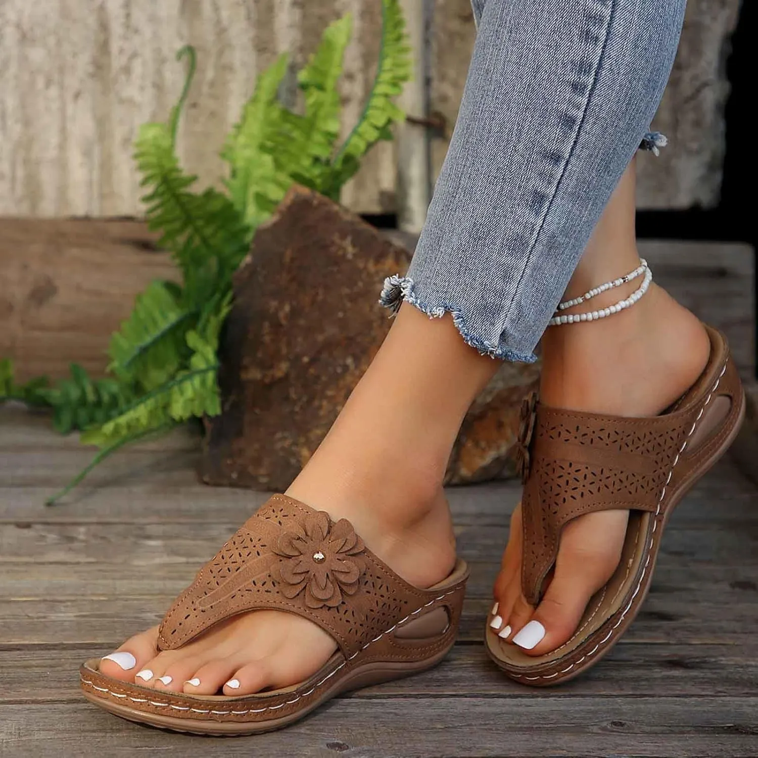 Women's Comfortable Wedge Sandals Open Toe Flip Flops Casual Walking Shoes with Arch Support for Summer Spring