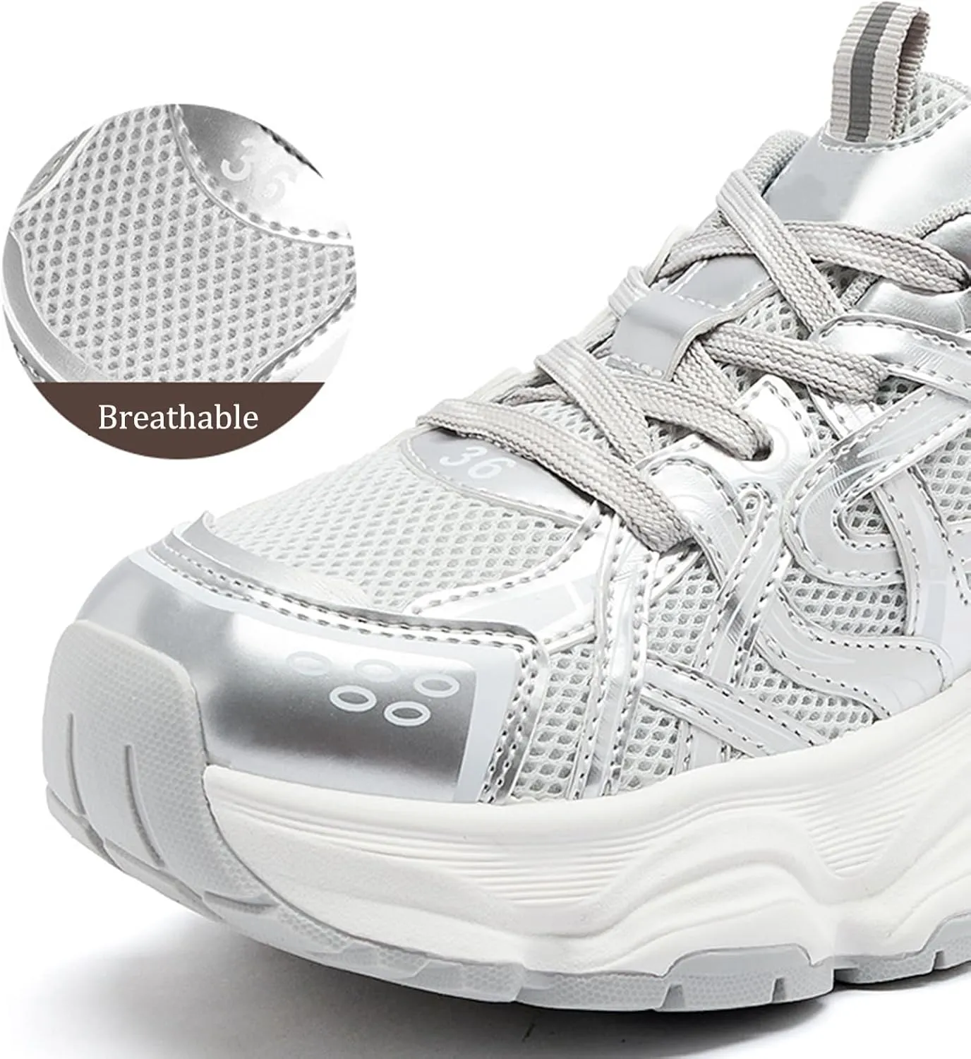 Women's Fashion Chunky Sneakers - Casual Platform Trainers with Breathable Mesh, Thick Bottom, and Running Shoe Comfort for Summer,Silver-36