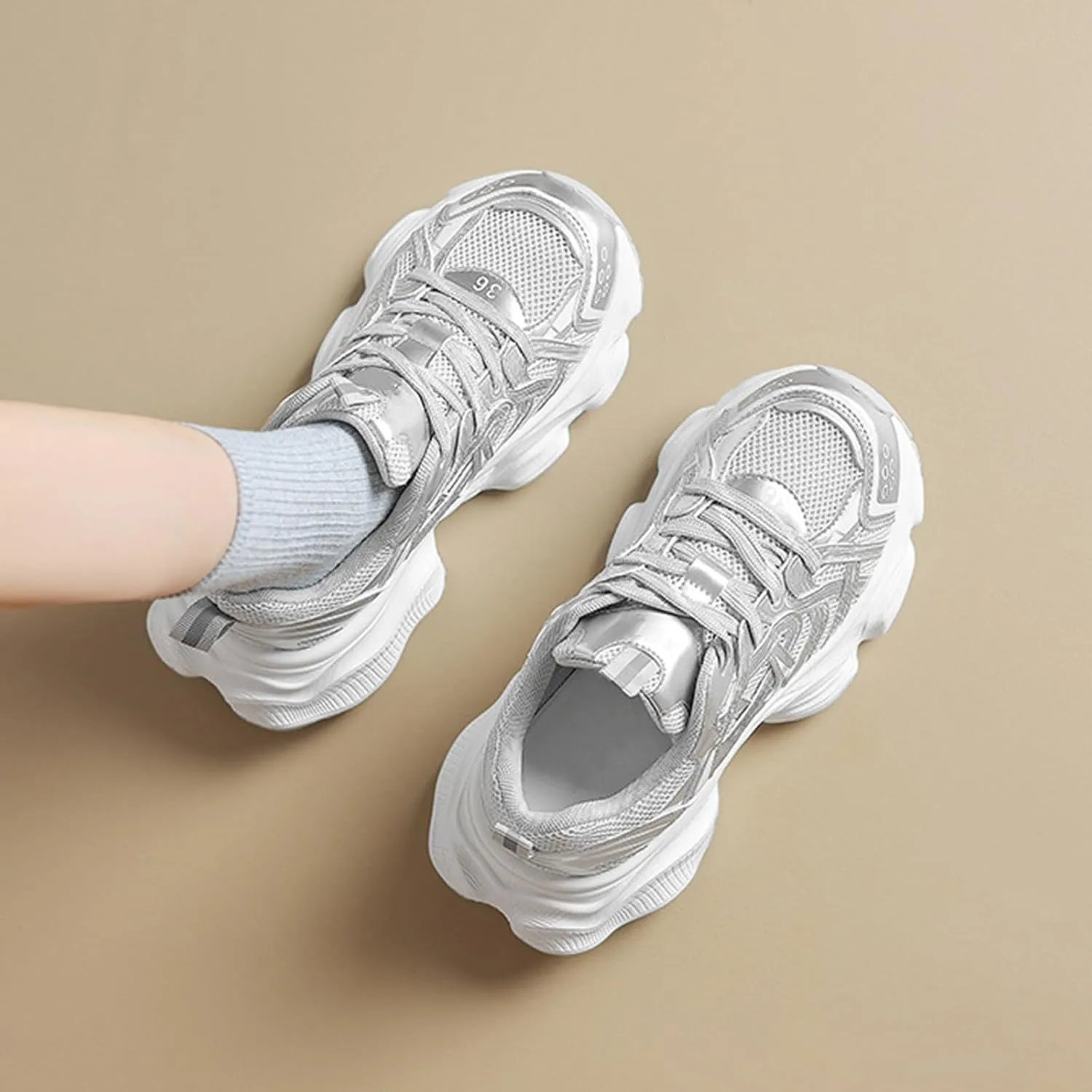 Women's Fashion Chunky Sneakers - Casual Platform Trainers with Breathable Mesh, Thick Bottom, and Running Shoe Comfort for Summer,Silver-36
