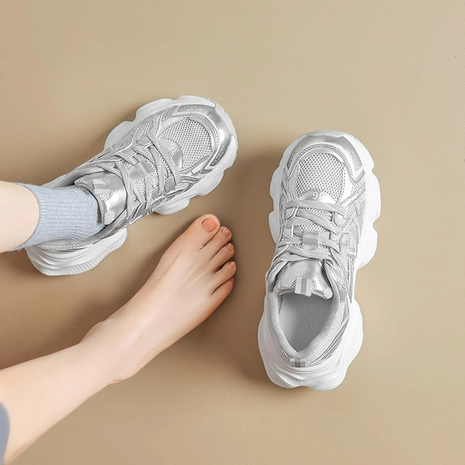 Women's Fashion Chunky Sneakers - Casual Platform Trainers with Breathable Mesh, Thick Bottom, and Running Shoe Comfort for Summer,Silver-36