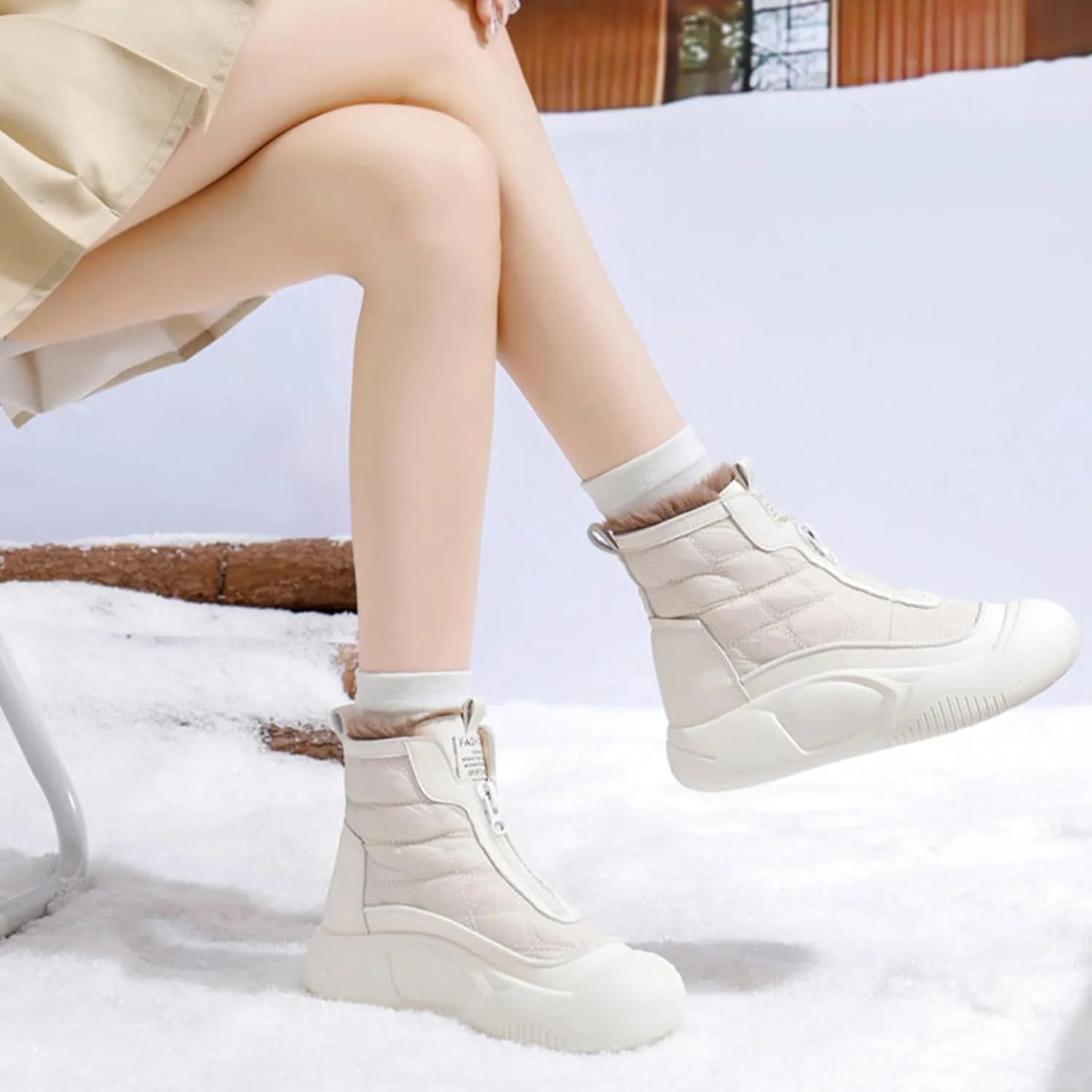 Women's Fashion Platform Front Zipper Warm Snow Boots Comfortable Round Toe Fur Lined High Top Soft Bottom Anti-Slip Waterproof Orthopedic Ankle Booties