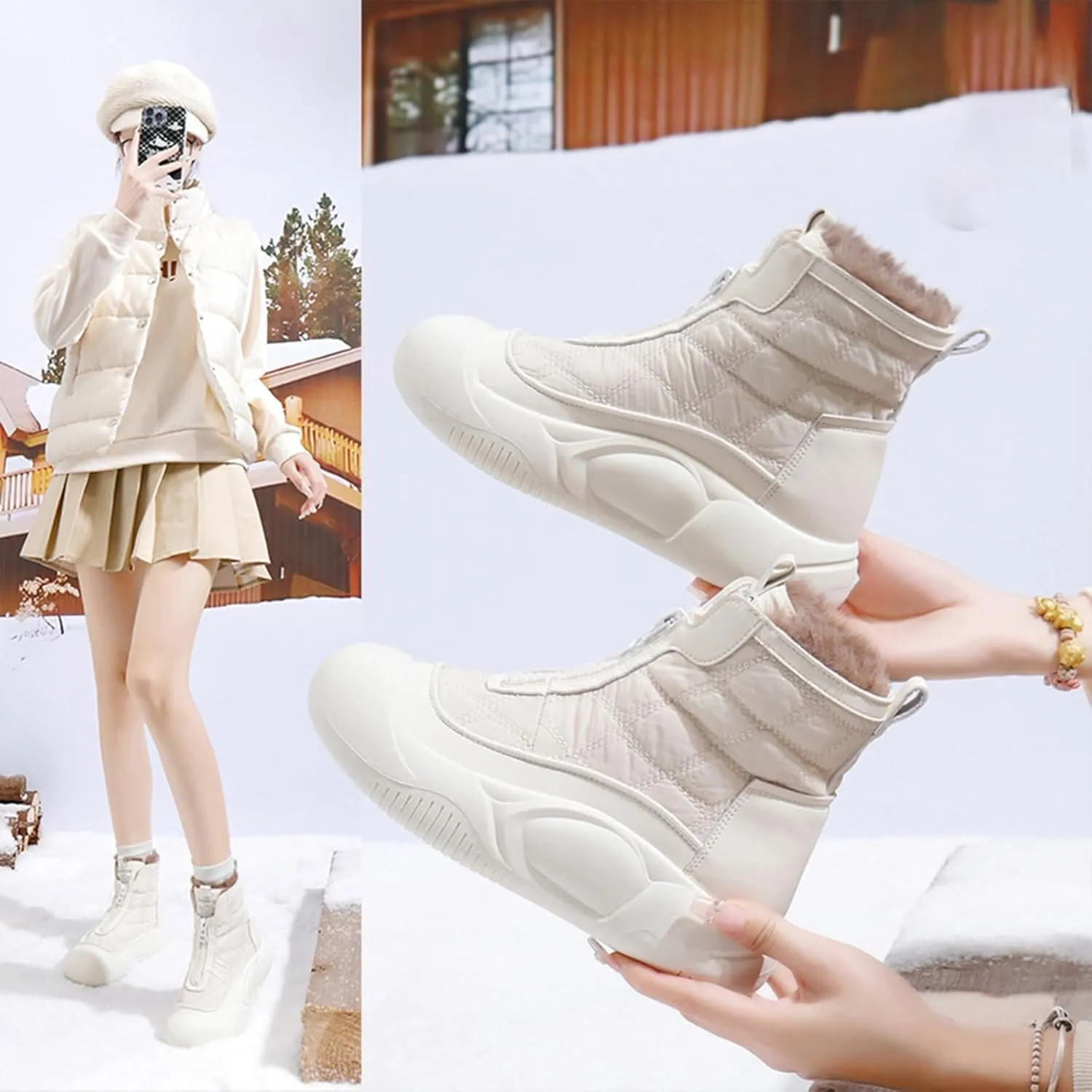 Women's Fashion Platform Front Zipper Warm Snow Boots Comfortable Round Toe Fur Lined High Top Soft Bottom Anti-Slip Waterproof Orthopedic Ankle Booties