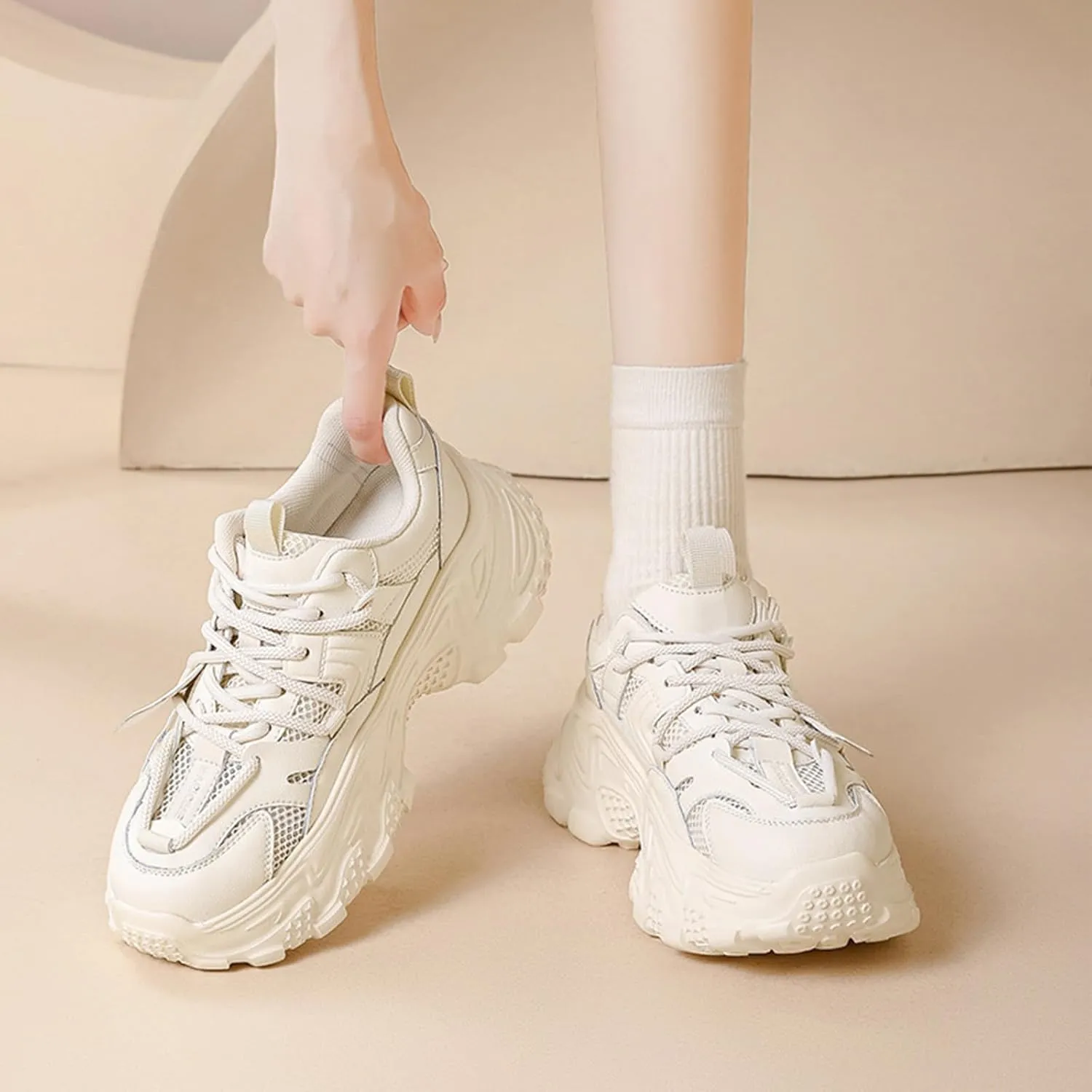 Women's Fashion Sneakers - Casual Platform Chunky Trainers with Breathable Mesh, Thick Bottom, Lightweight and Comfortable - Perfect for Summer - White Shoes for Trendy Look!,Beige-34
