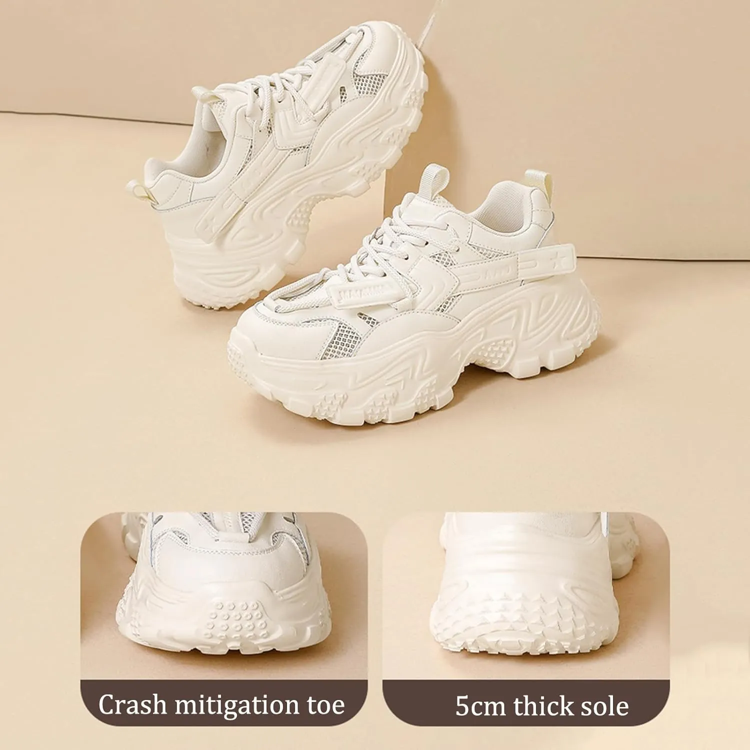 Women's Fashion Sneakers - Casual Platform Chunky Trainers with Breathable Mesh, Thick Bottom, Lightweight and Comfortable - Perfect for Summer - White Shoes for Trendy Look!,Beige-34