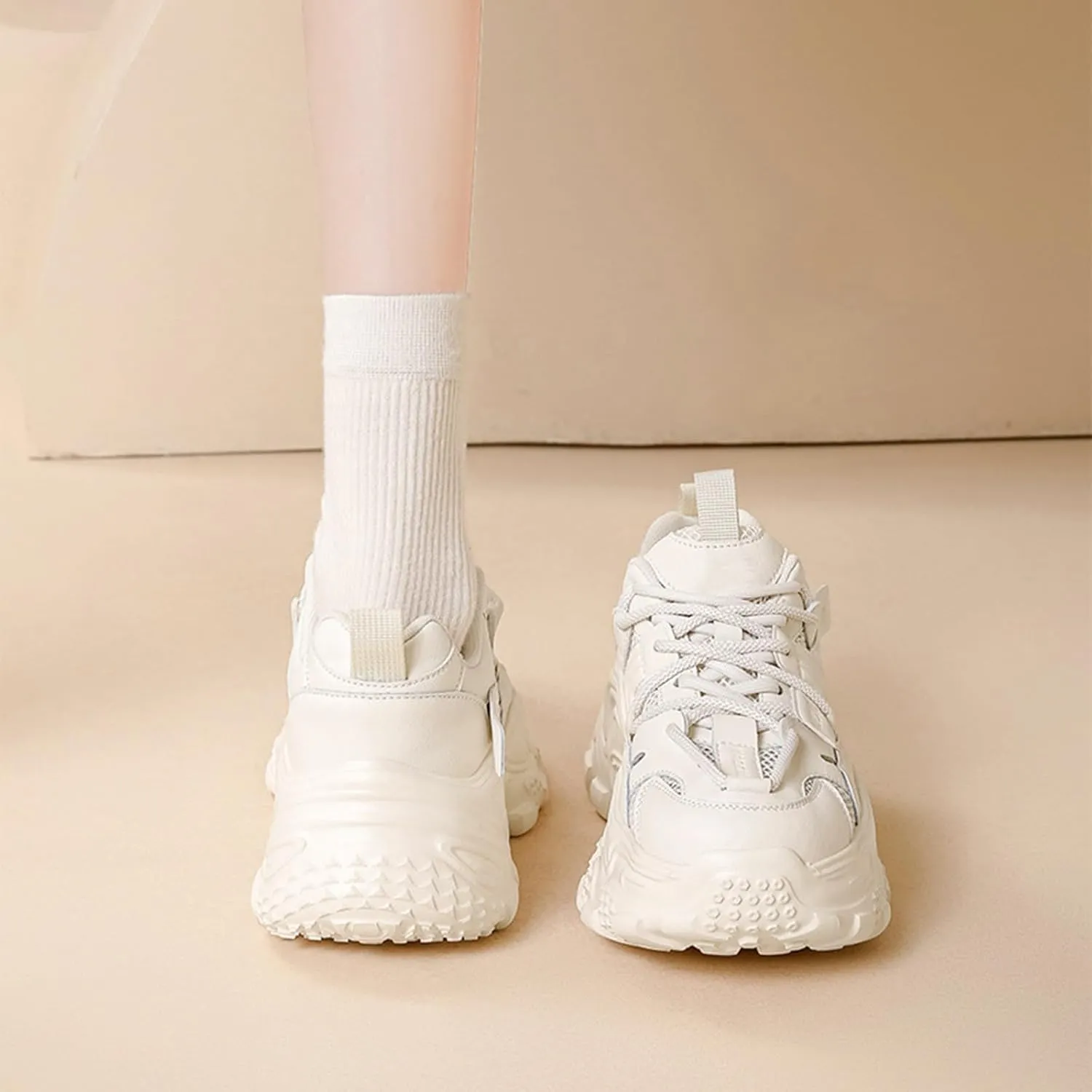 Women's Fashion Sneakers - Casual Platform Chunky Trainers with Breathable Mesh, Thick Bottom, Lightweight and Comfortable - Perfect for Summer - White Shoes for Trendy Look!,Beige-34