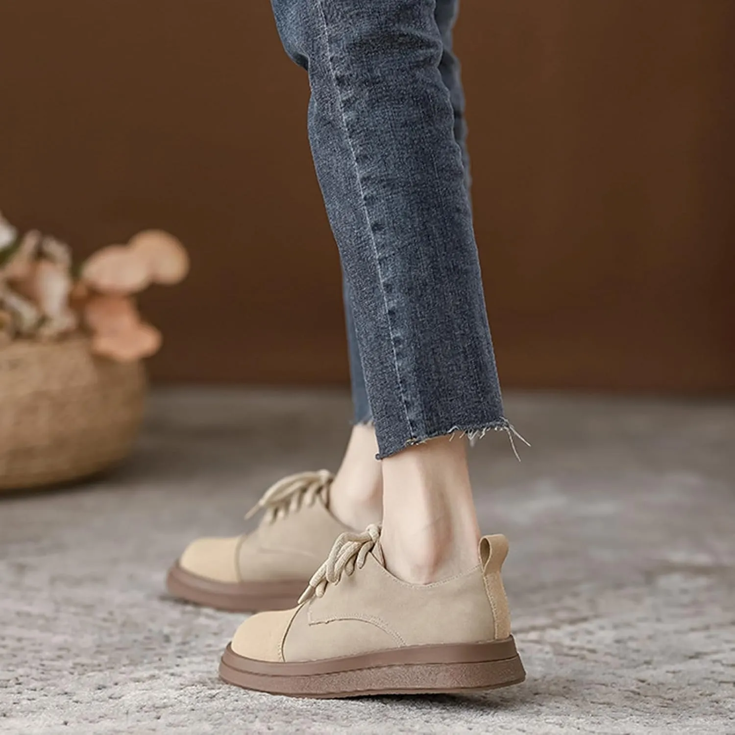 Women's Lace-up Retro Casual Classic Chunky Loafers, Apricot Color - Ideal for Work, Thick Soled