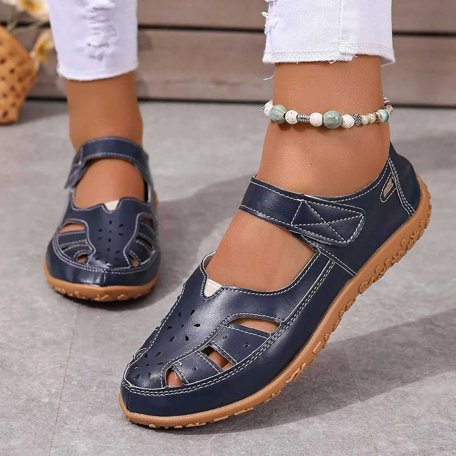 Women's Leather Boho Sandals,Comfort Softsole Closed Toe Adjustable Ankle Strap Casual Hollow Sandals for Women Sew