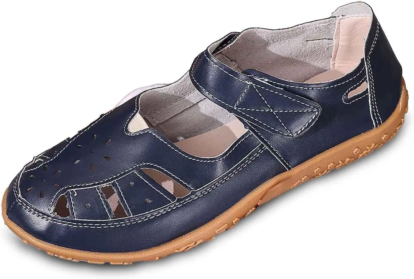 Women's Leather Boho Sandals,Comfort Softsole Closed Toe Adjustable Ankle Strap Casual Hollow Sandals for Women Sew