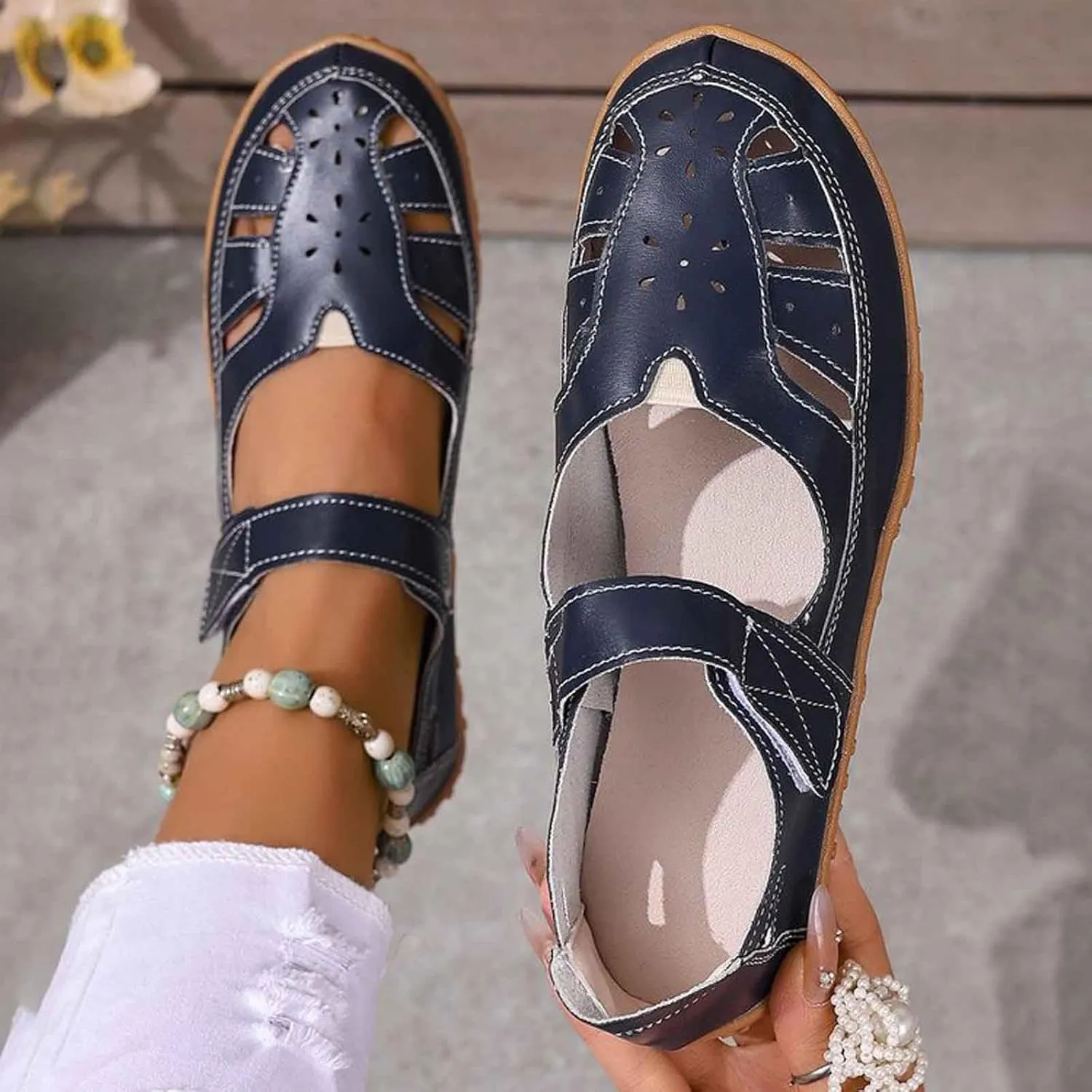 Women's Leather Boho Sandals,Comfort Softsole Closed Toe Adjustable Ankle Strap Casual Hollow Sandals for Women Sew