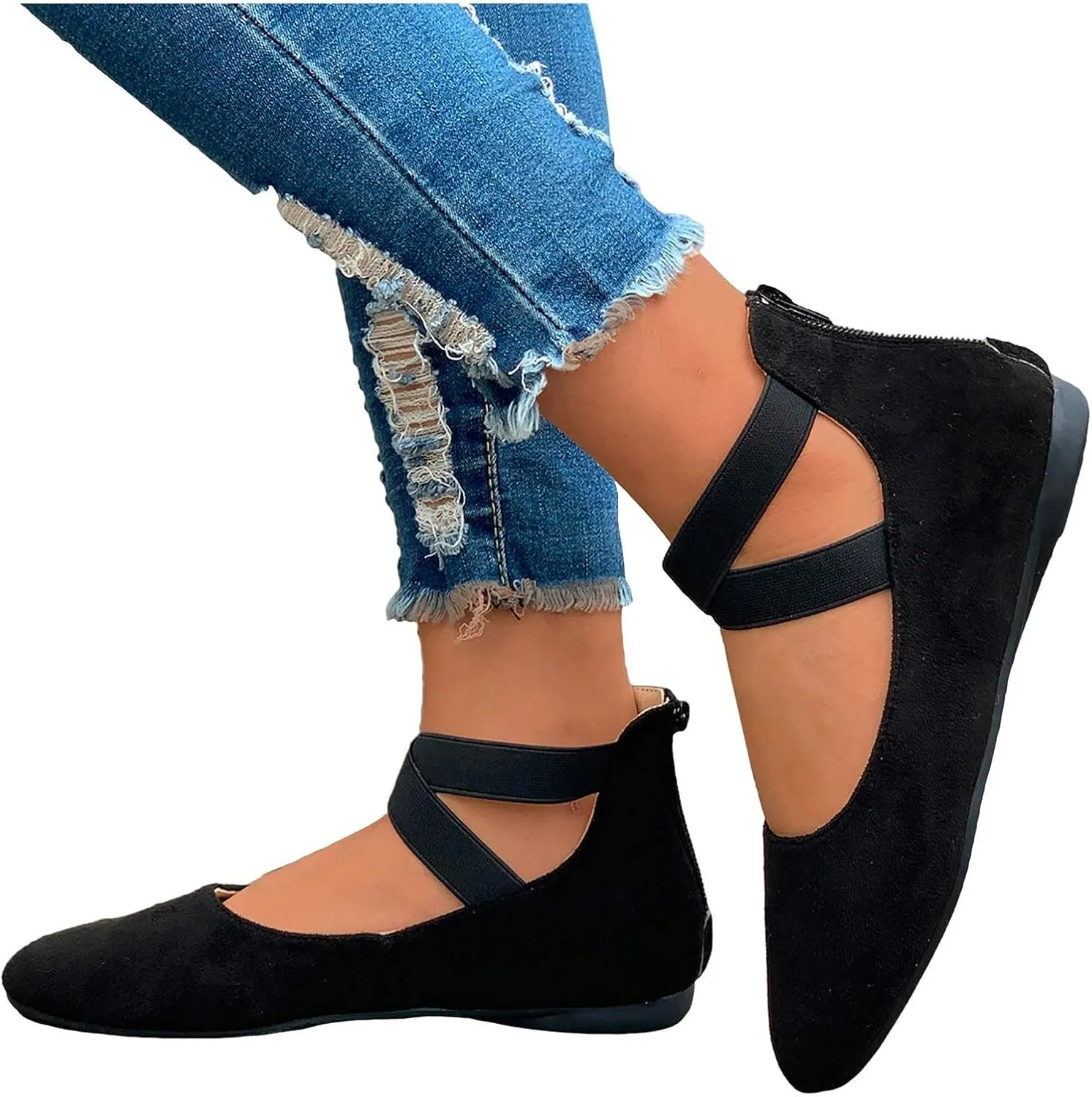 Women's Loafer Flat Women's Comfortable Ballet Flat Shoes with Ankle and Elastic Straps Lightweight Slip On Evening