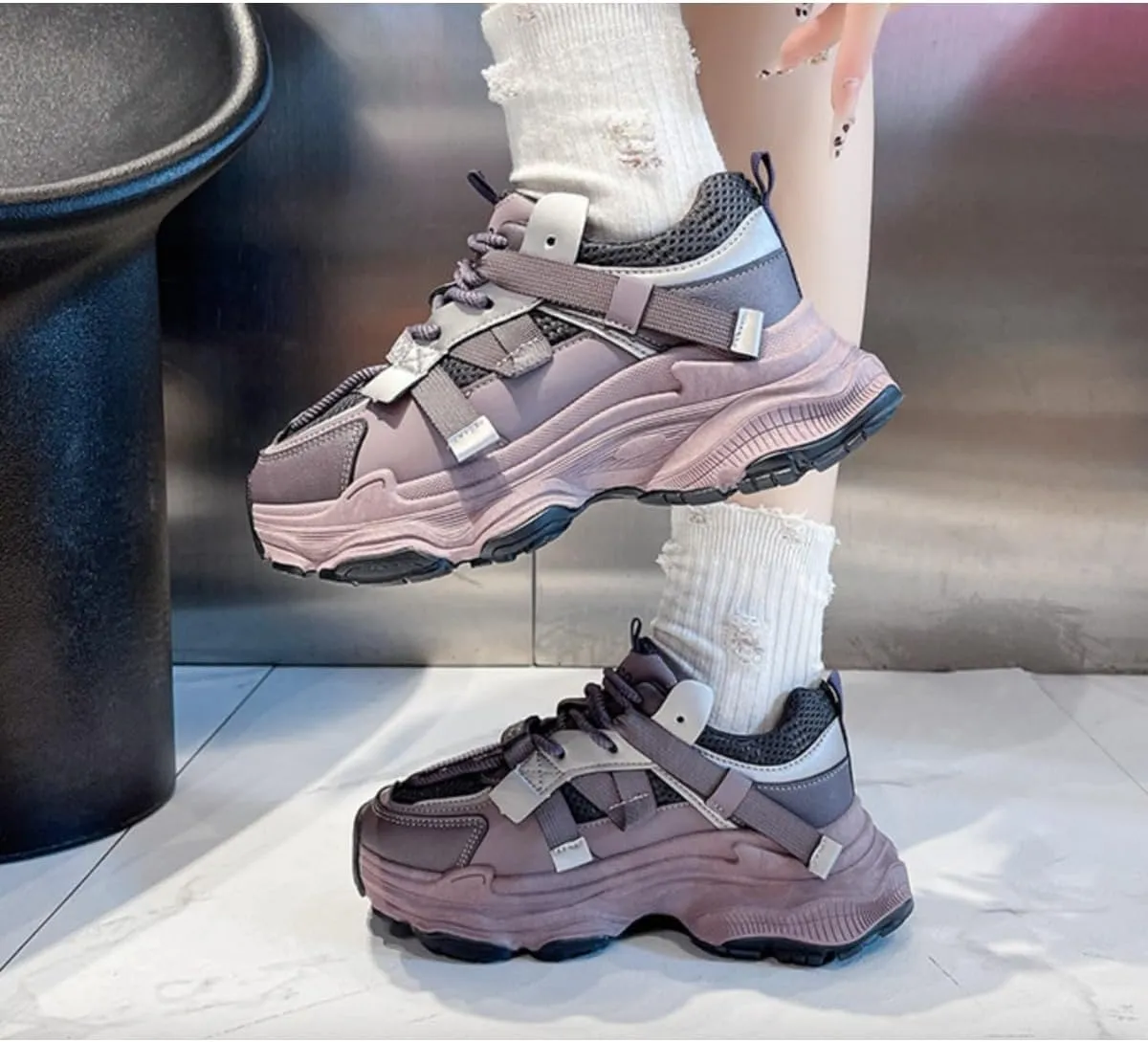 Women's Platform Dad Sneakers - Chunky Fashion Athletic Shoes with 2.4" Height Increase, Mesh Breathable Casual Walking Shoes (White, Gray, Purple)