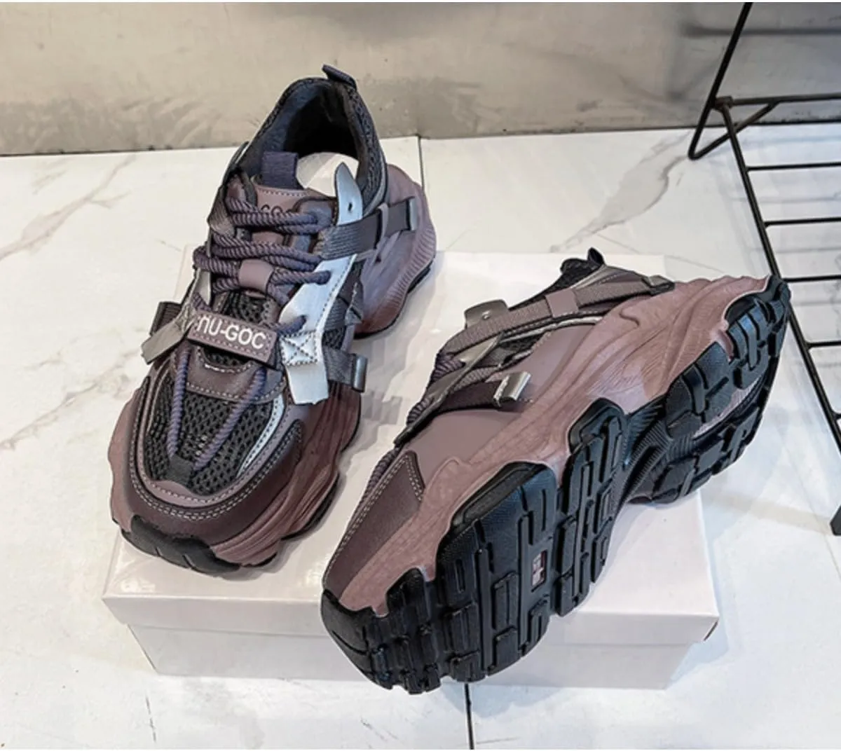 Women's Platform Dad Sneakers - Chunky Fashion Athletic Shoes with 2.4" Height Increase, Mesh Breathable Casual Walking Shoes (White, Gray, Purple)