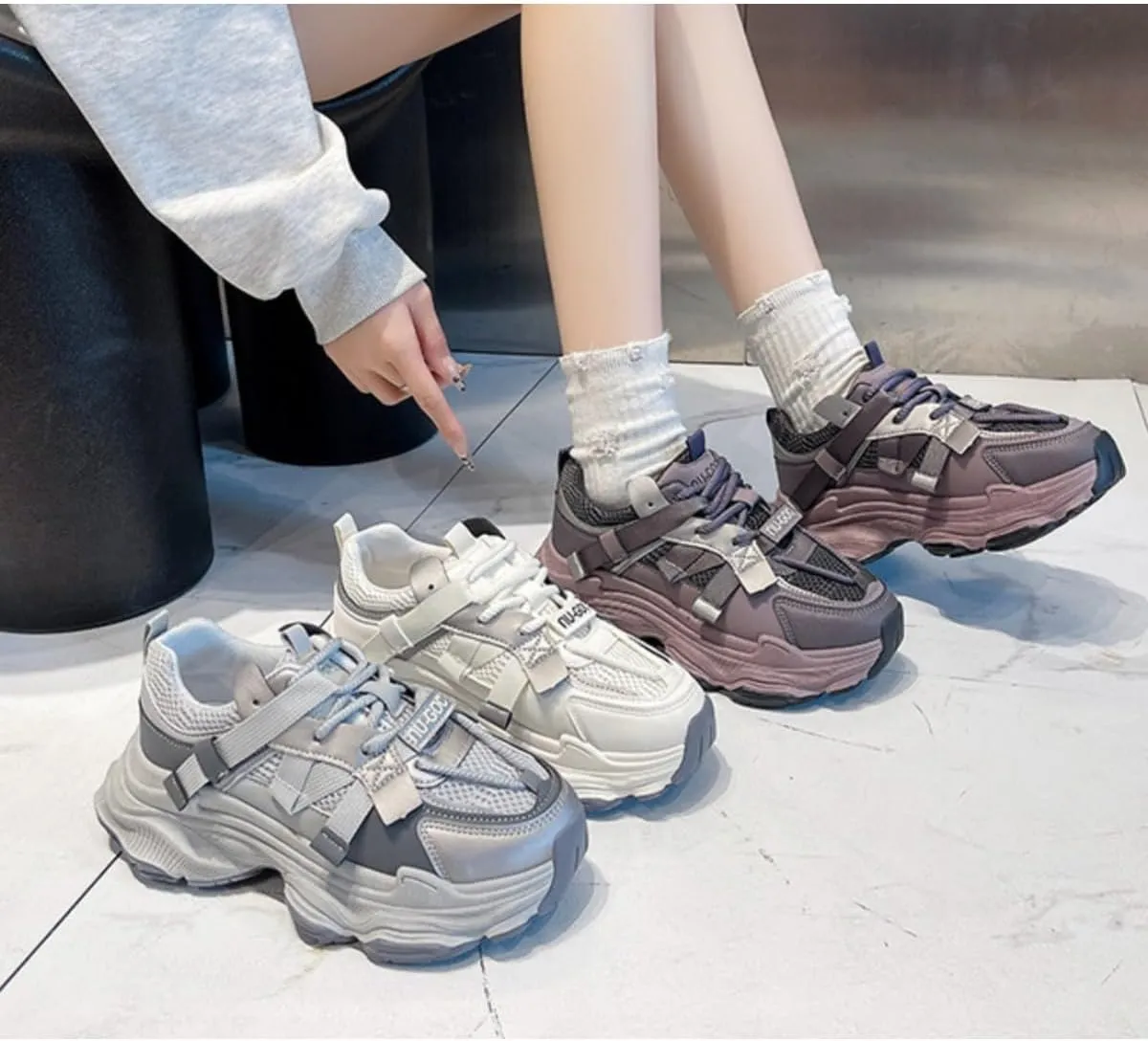 Women's Platform Dad Sneakers - Chunky Fashion Athletic Shoes with 2.4" Height Increase, Mesh Breathable Casual Walking Shoes (White, Gray, Purple)