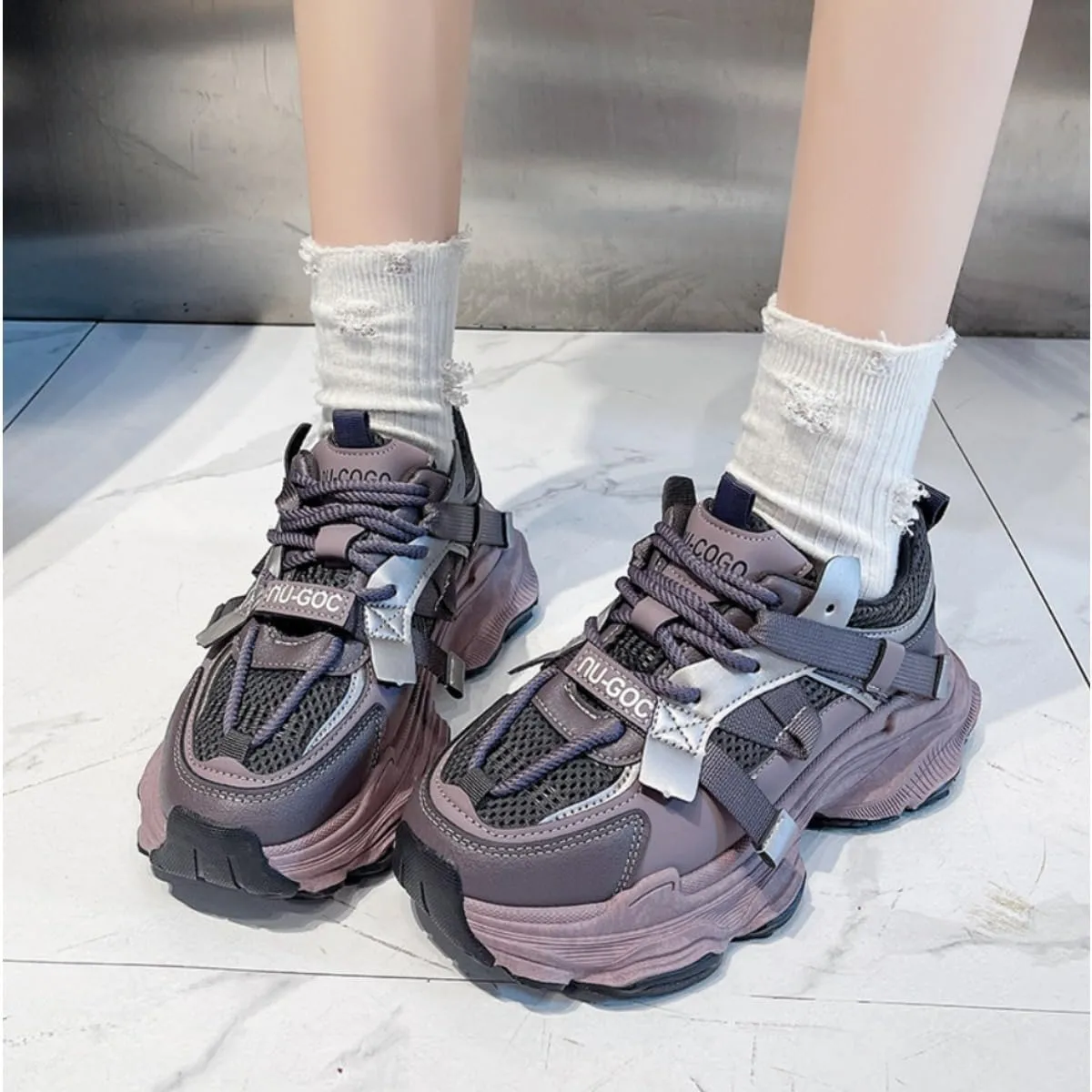 Women's Platform Dad Sneakers - Chunky Fashion Athletic Shoes with 2.4" Height Increase, Mesh Breathable Casual Walking Shoes (White, Gray, Purple)