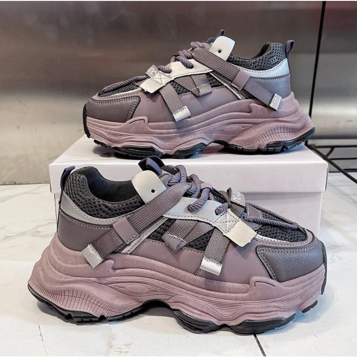 Women's Platform Dad Sneakers - Chunky Fashion Athletic Shoes with 2.4" Height Increase, Mesh Breathable Casual Walking Shoes (White, Gray, Purple)